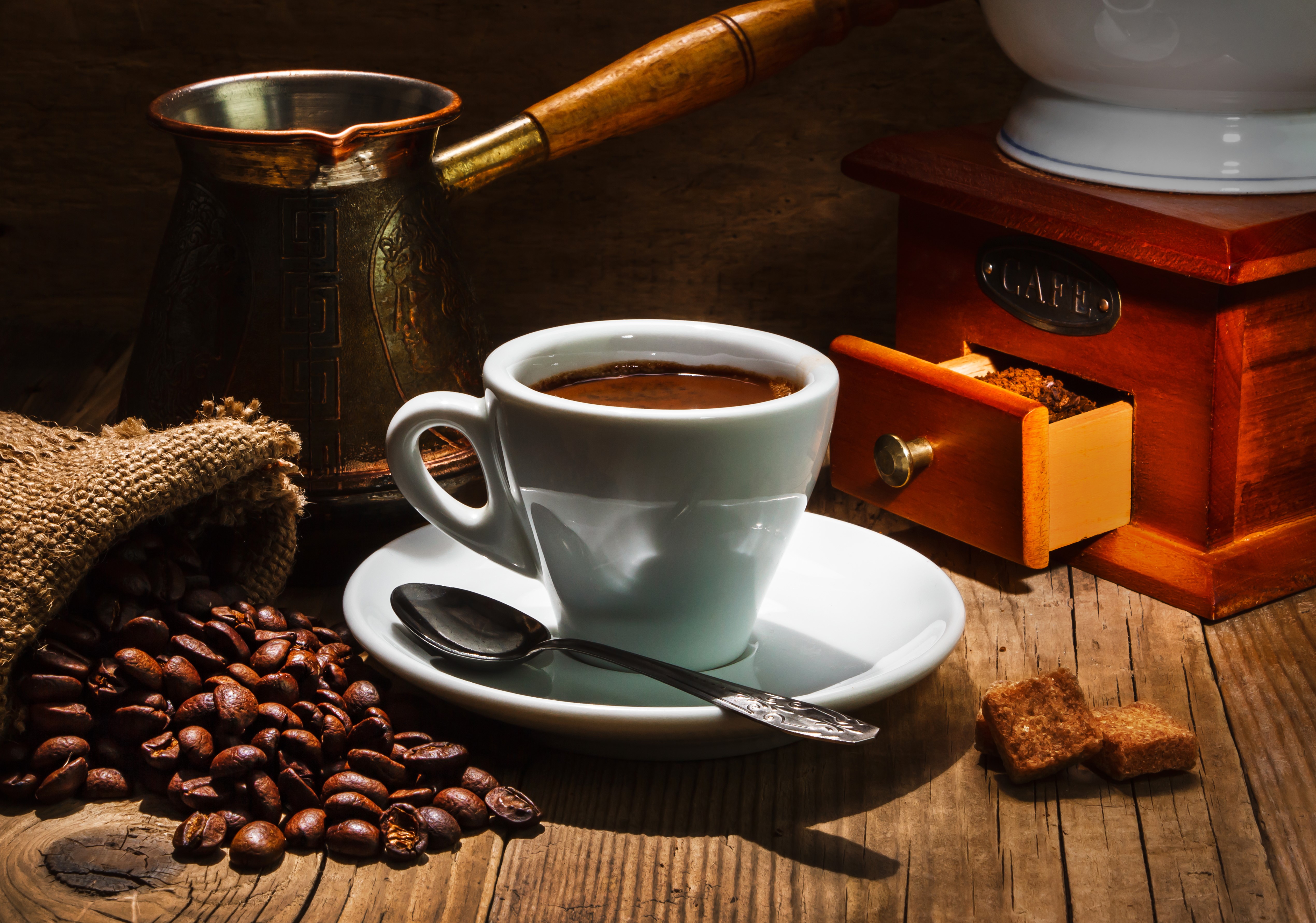 Coffee cup with cezve, coffee grinder, and beans HD Wallpaper