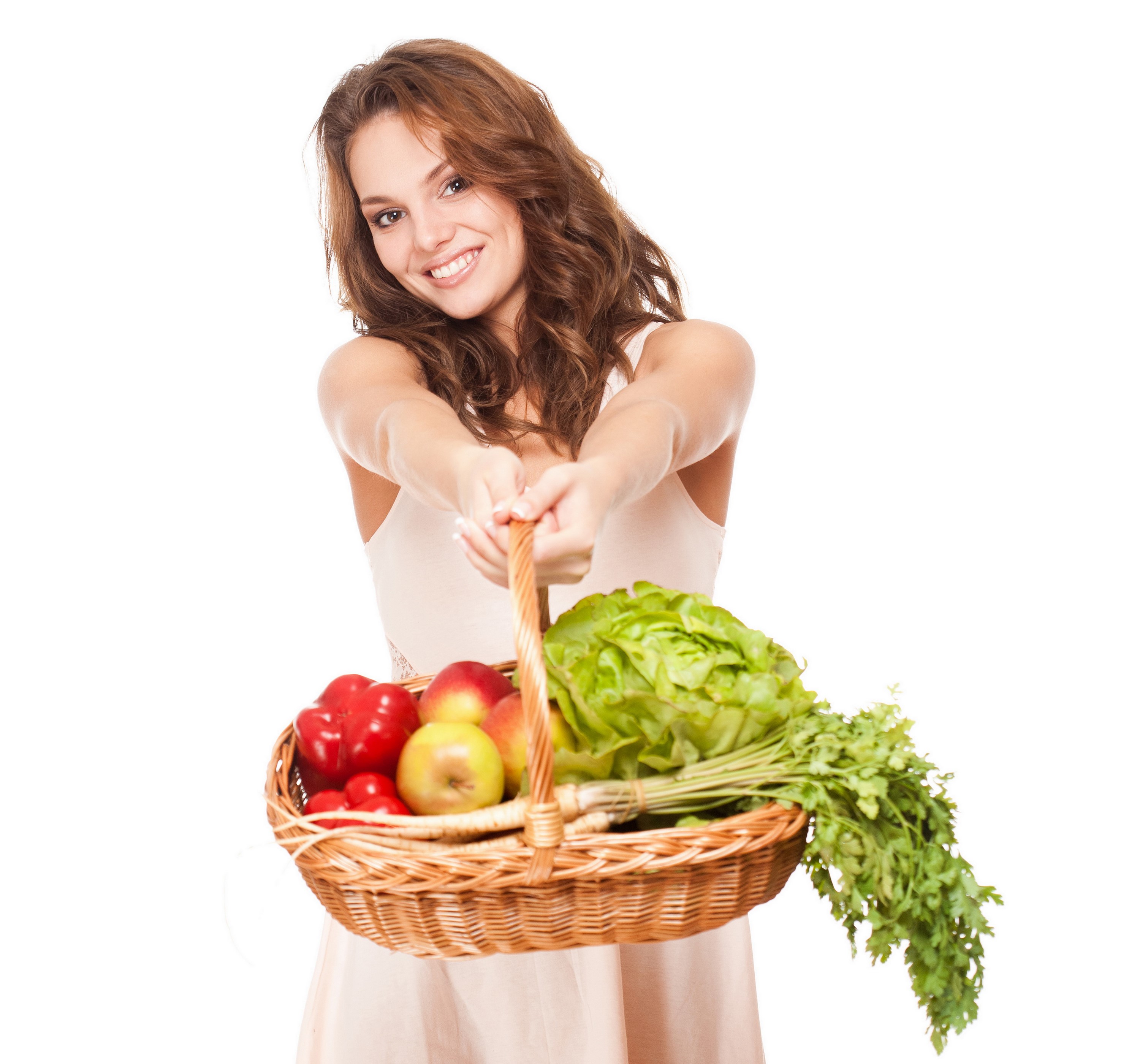 Woman holding a basket of fruits and vegetables HD Wallpaper