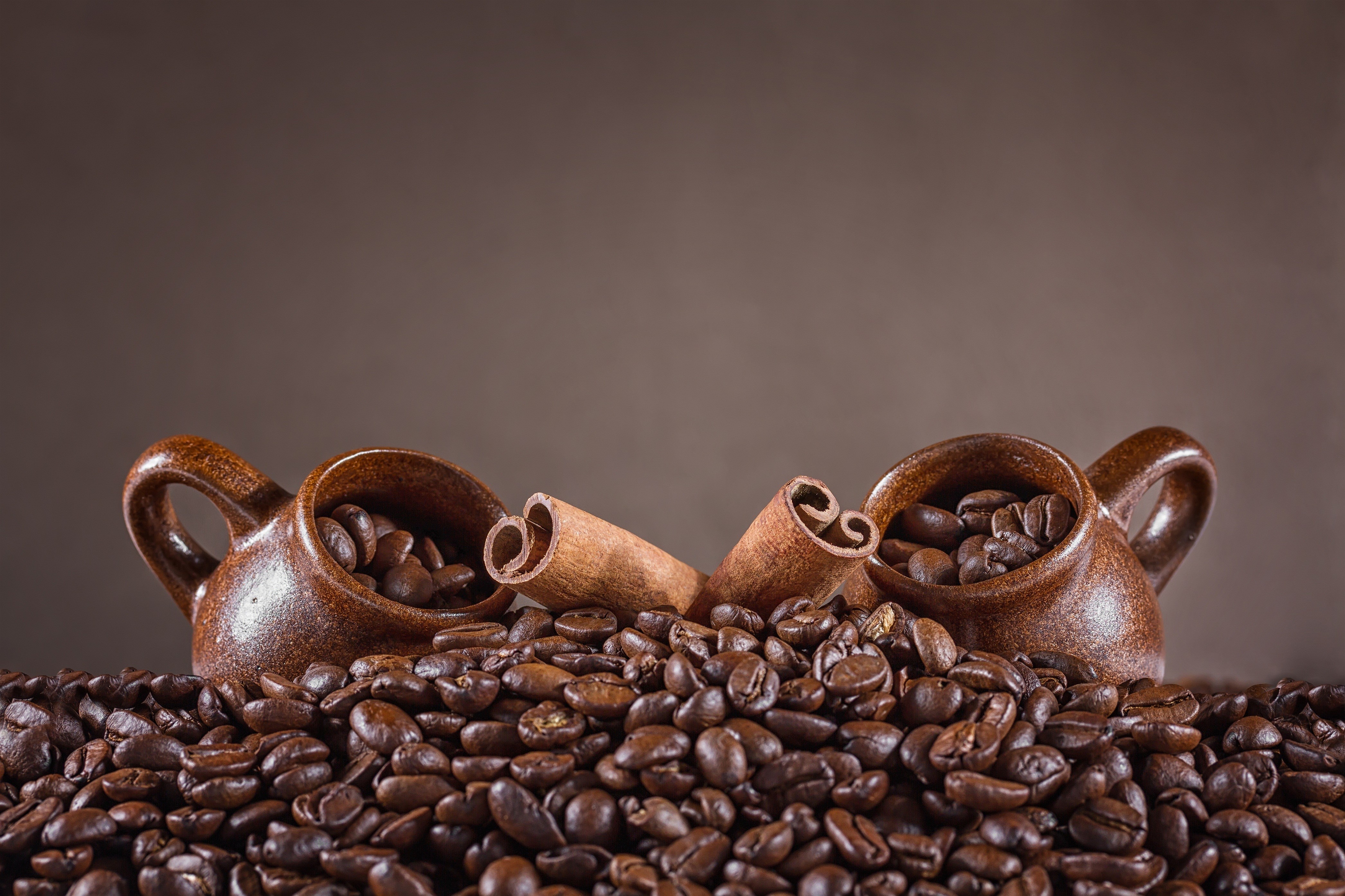 Coffee beans and cinnamon sticks in cups HD Wallpaper