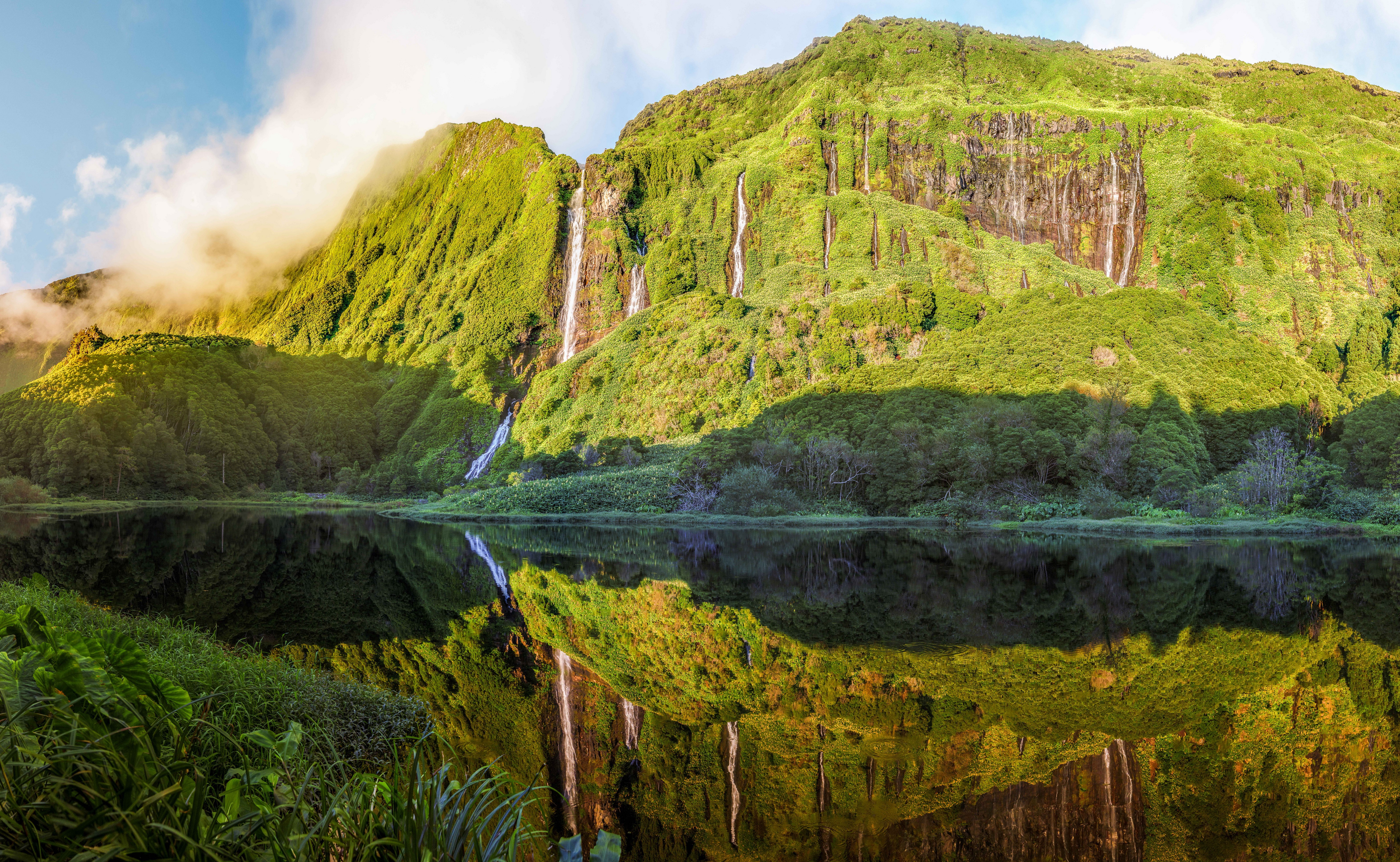 4K Azores Portugal Mountains Lake Waterfalls HD Wallpaper