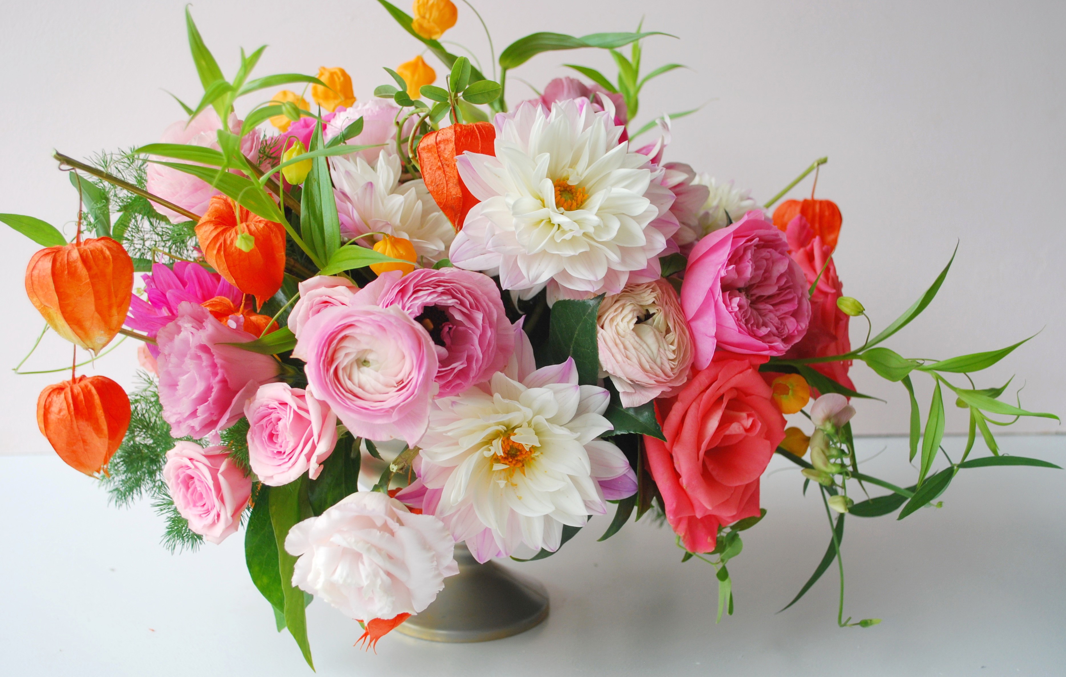 Pink and white flowers with orange Chinese lanterns HD Wallpaper