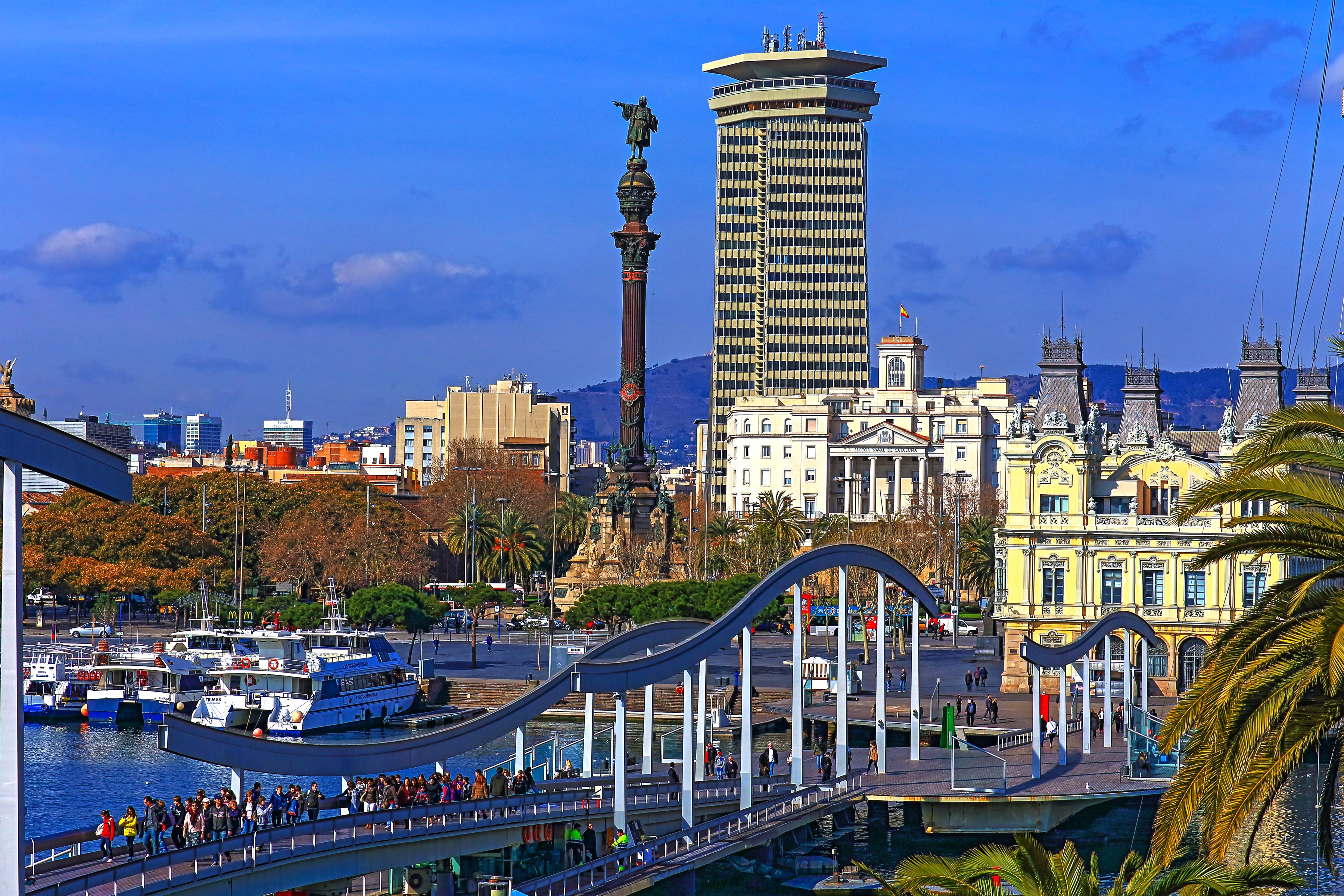 Columbus Monument and modern bridge in Barcelona, Spain HD Wallpaper