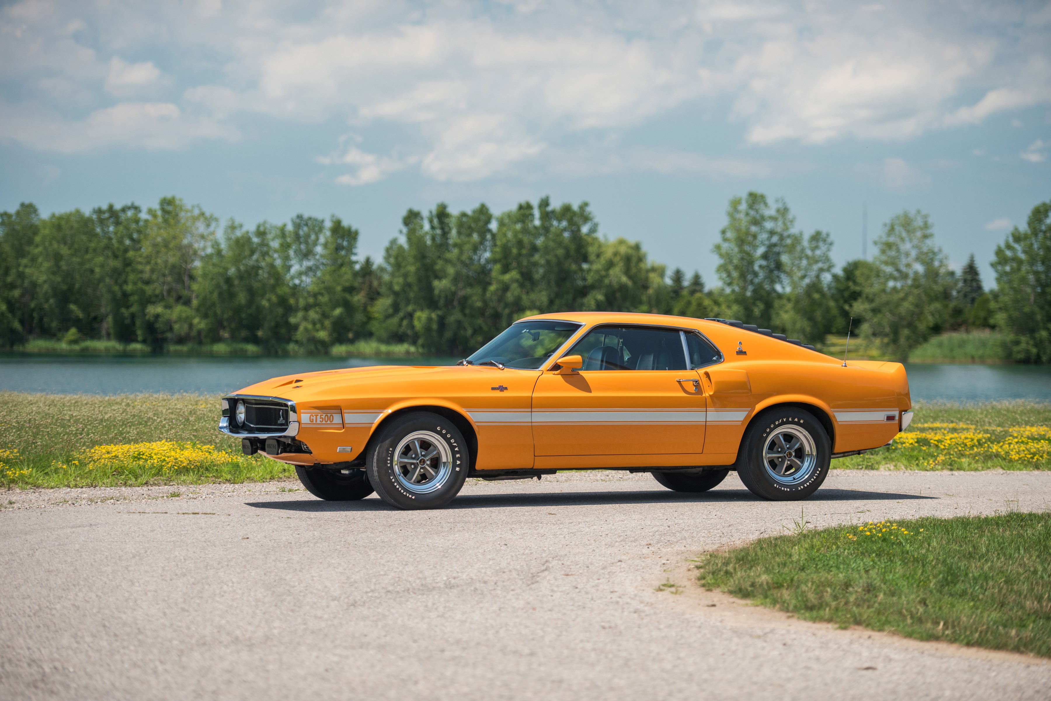 1969 Shelby GT500 Mustang parked by a lake HD Wallpaper