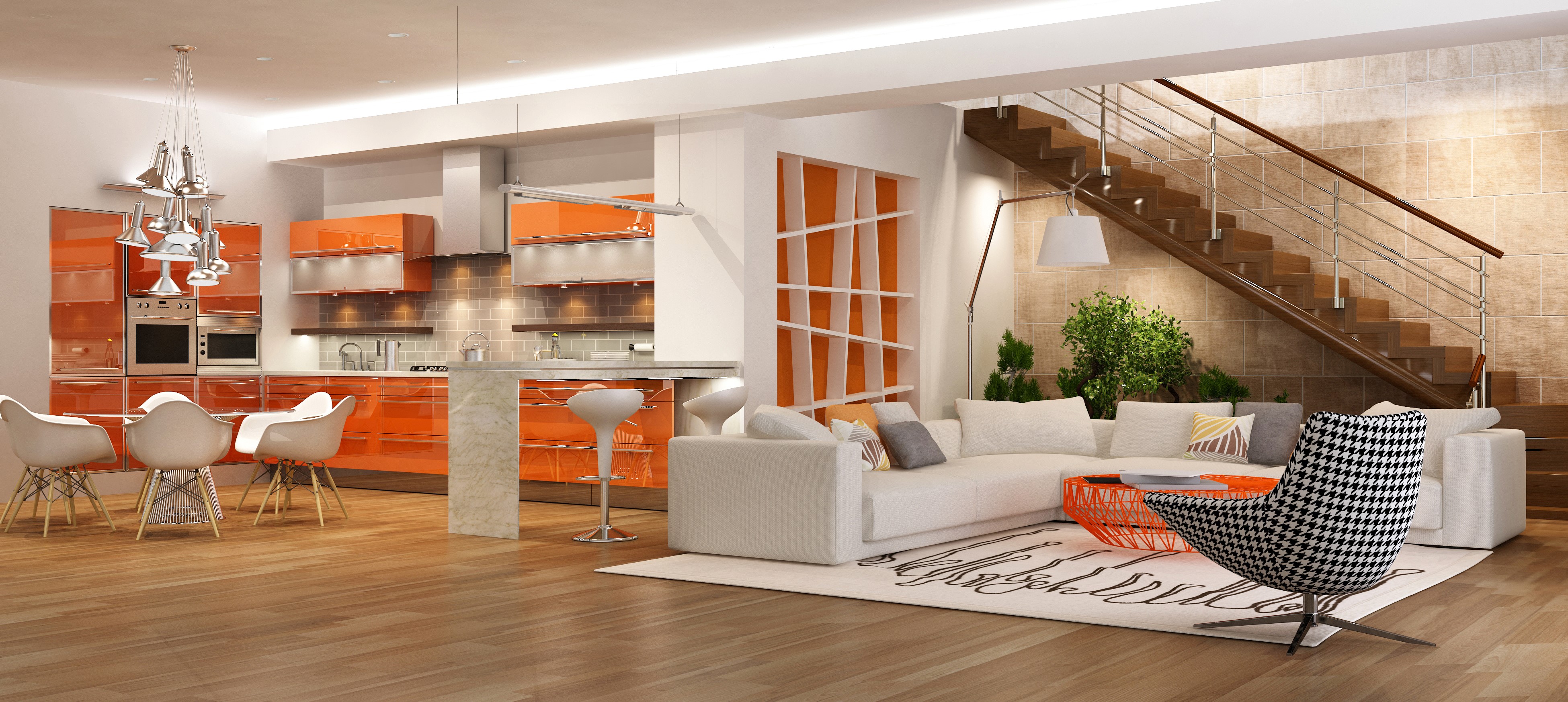 Modern Living Room and Kitchen with Orange Accents HD Wallpaper