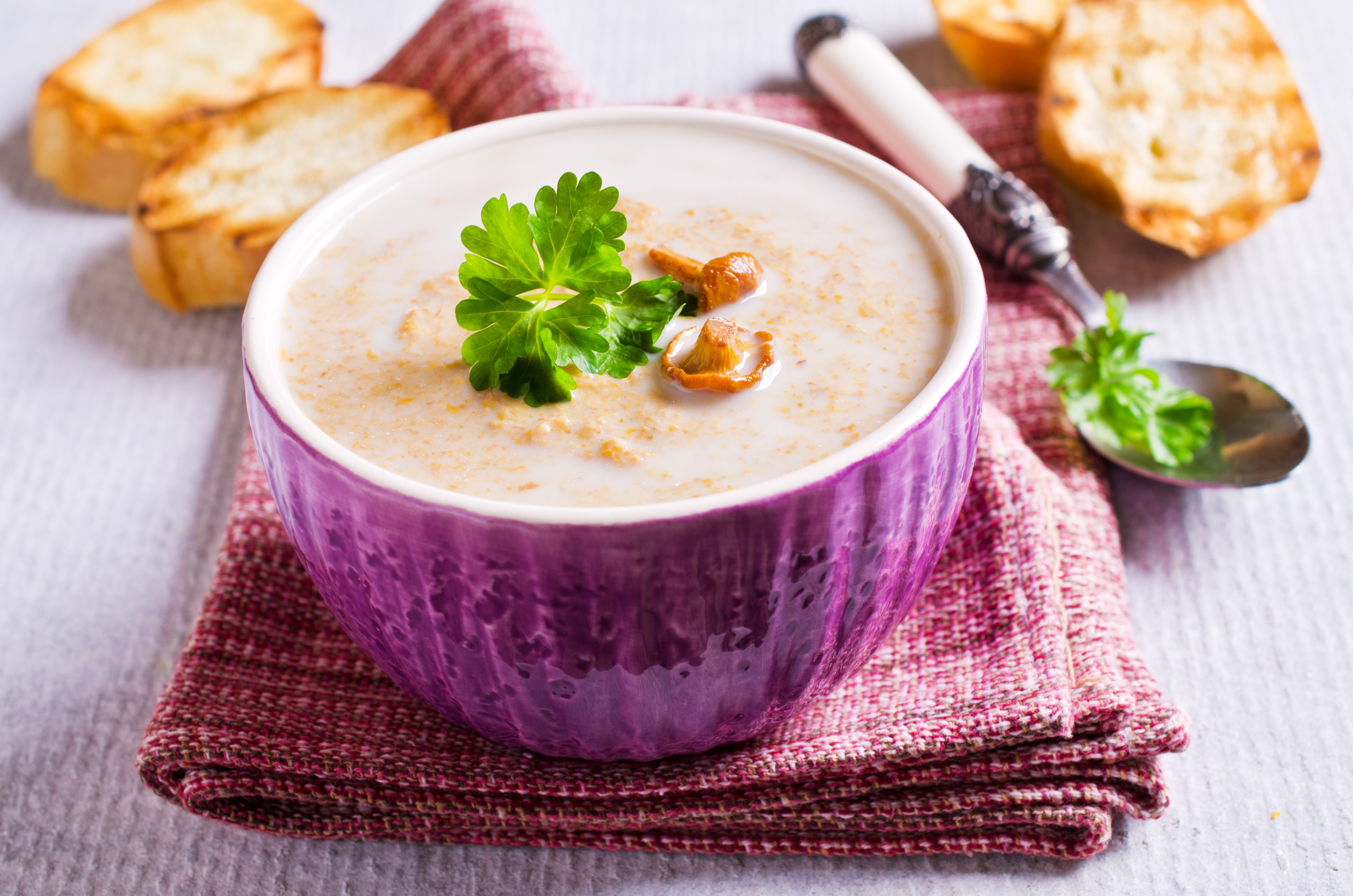 Creamy mushroom soup with croutons HD Wallpaper