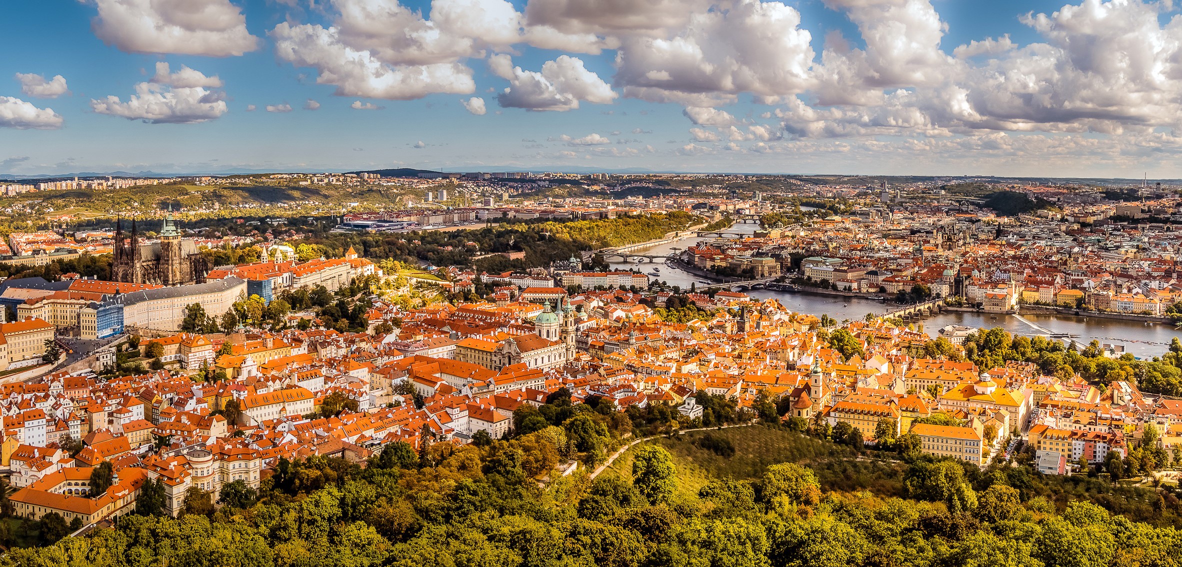 Prague cityscape with Vltava River and bridges HD Wallpaper