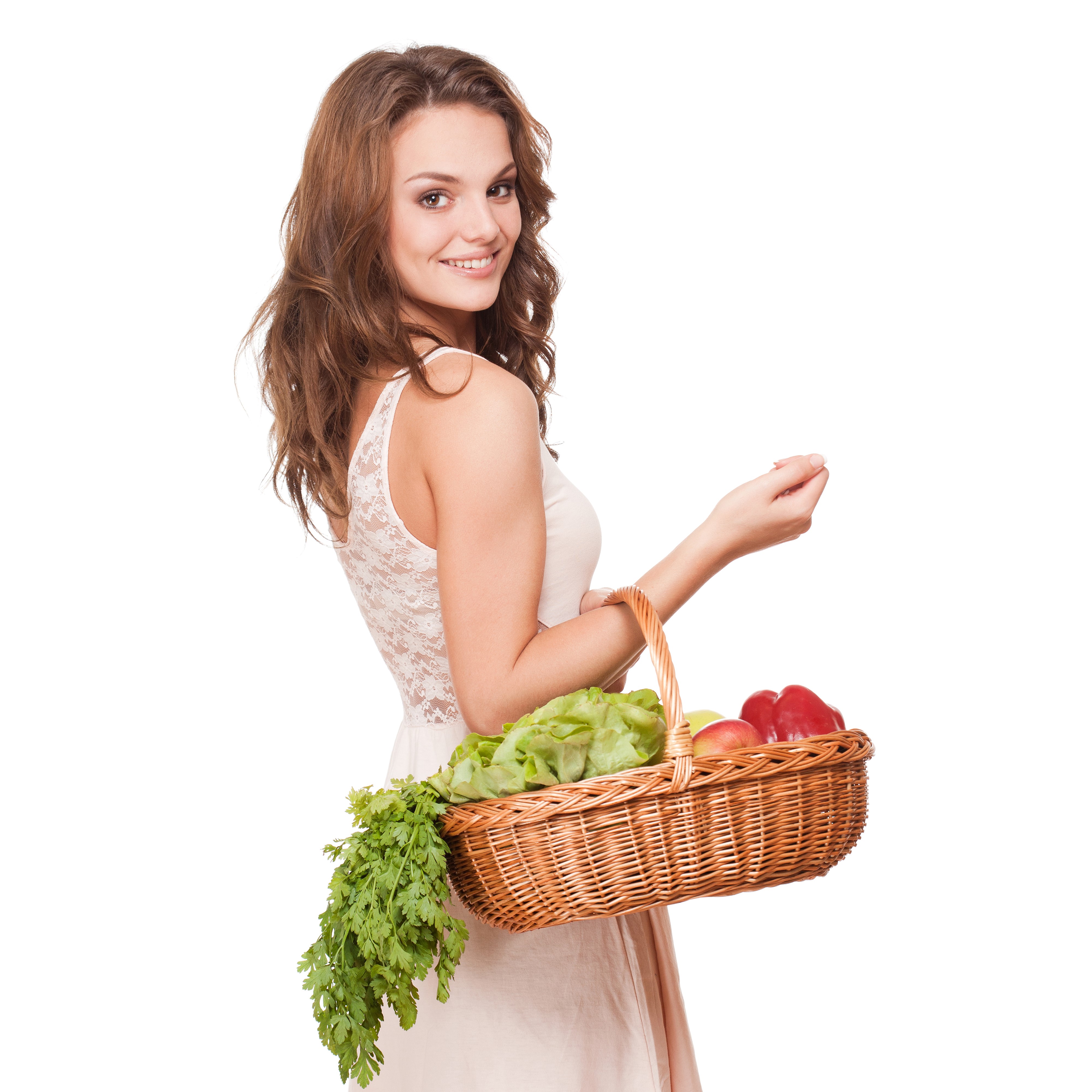 Woman with basket of vegetables HD Wallpaper