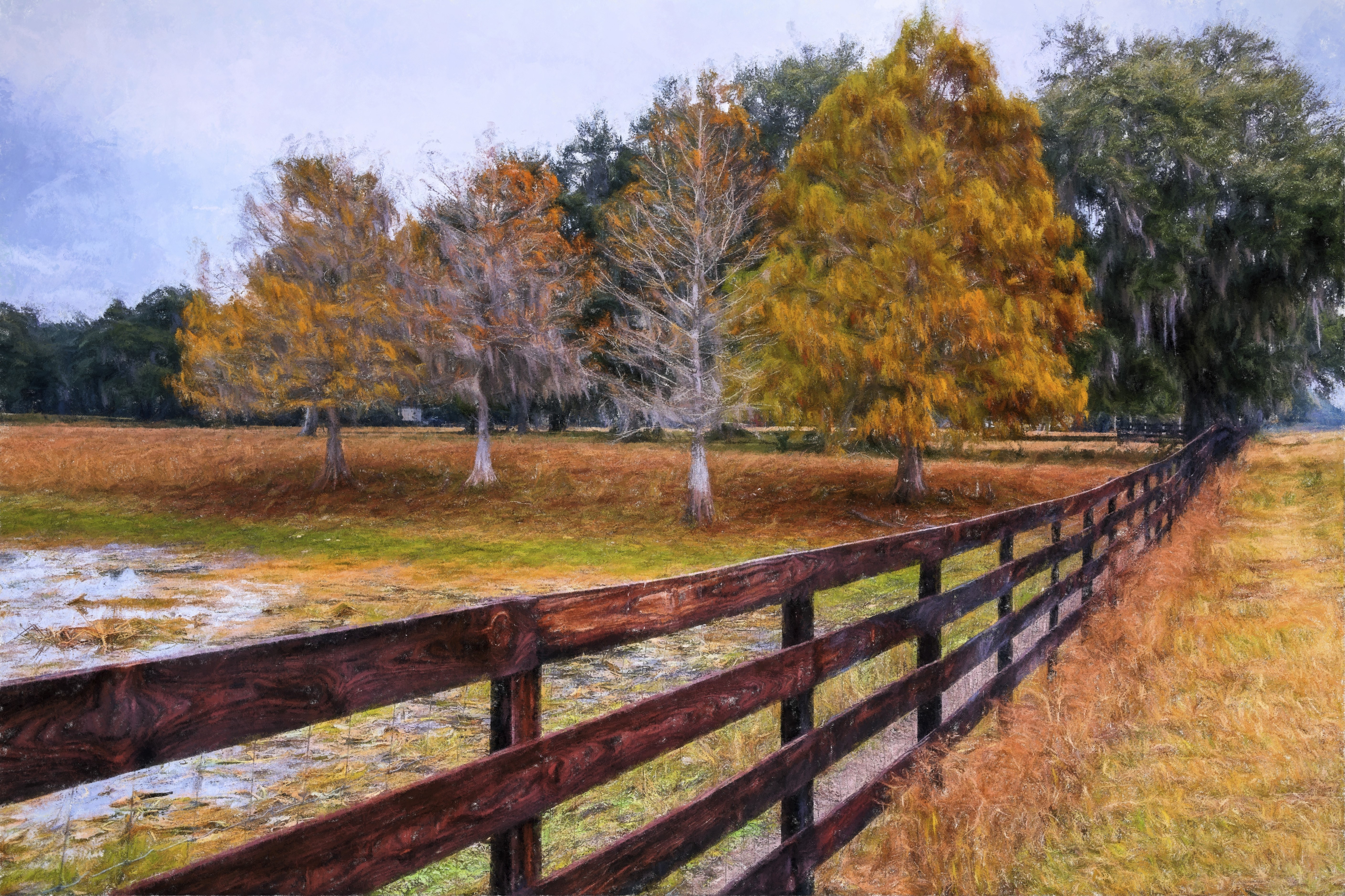 Autumn trees and wooden fence in pictorial art style HD Wallpaper