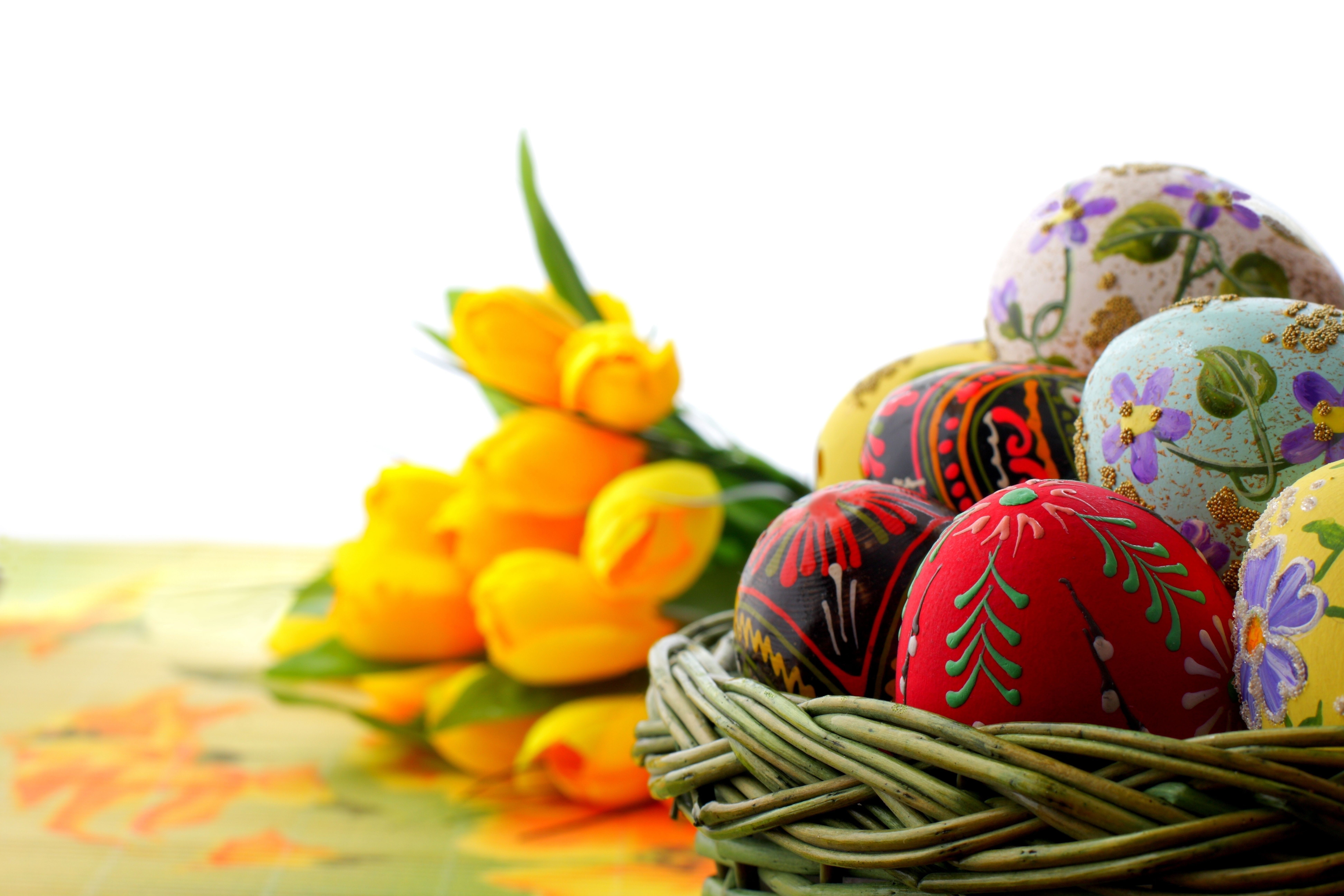 Easter Eggs and Yellow Tulips in a Basket HD Wallpaper