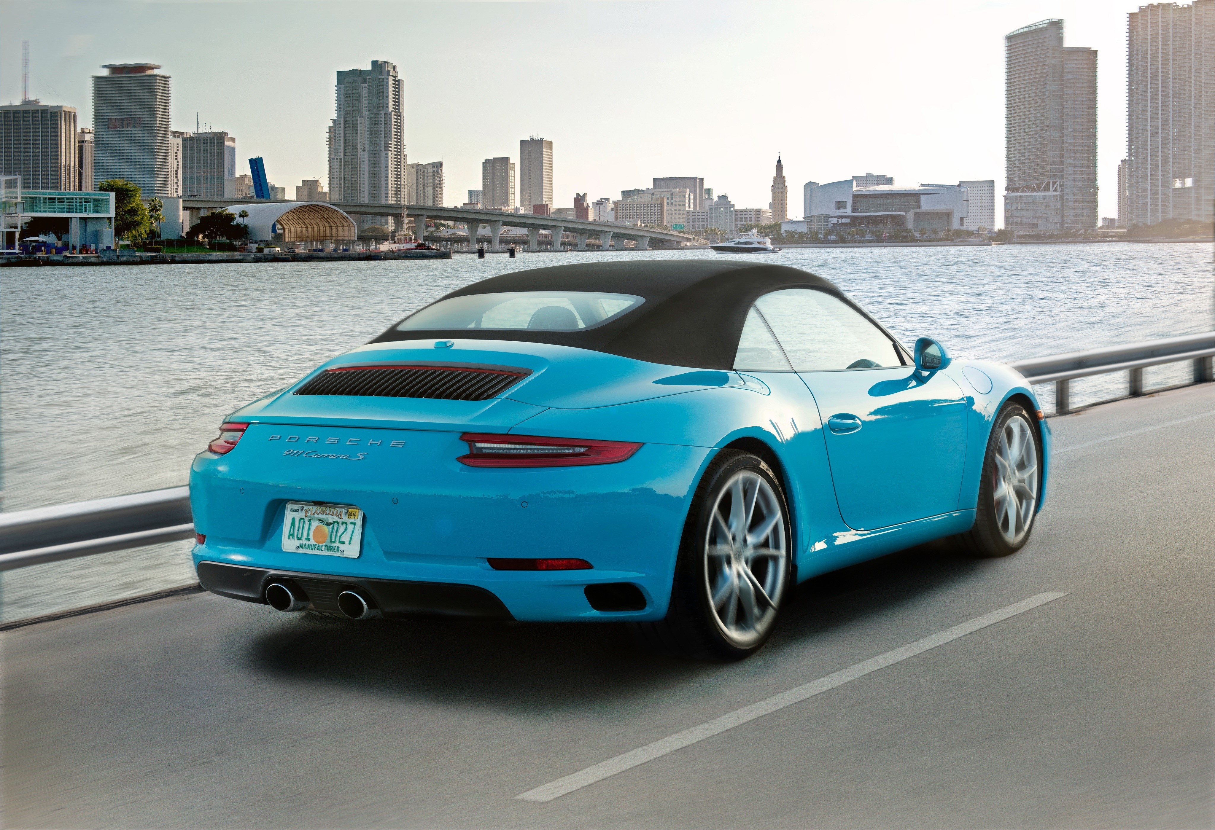 4K Light Blue Porsche 911 Carrera S Cabriolet Rear View HD Wallpaper