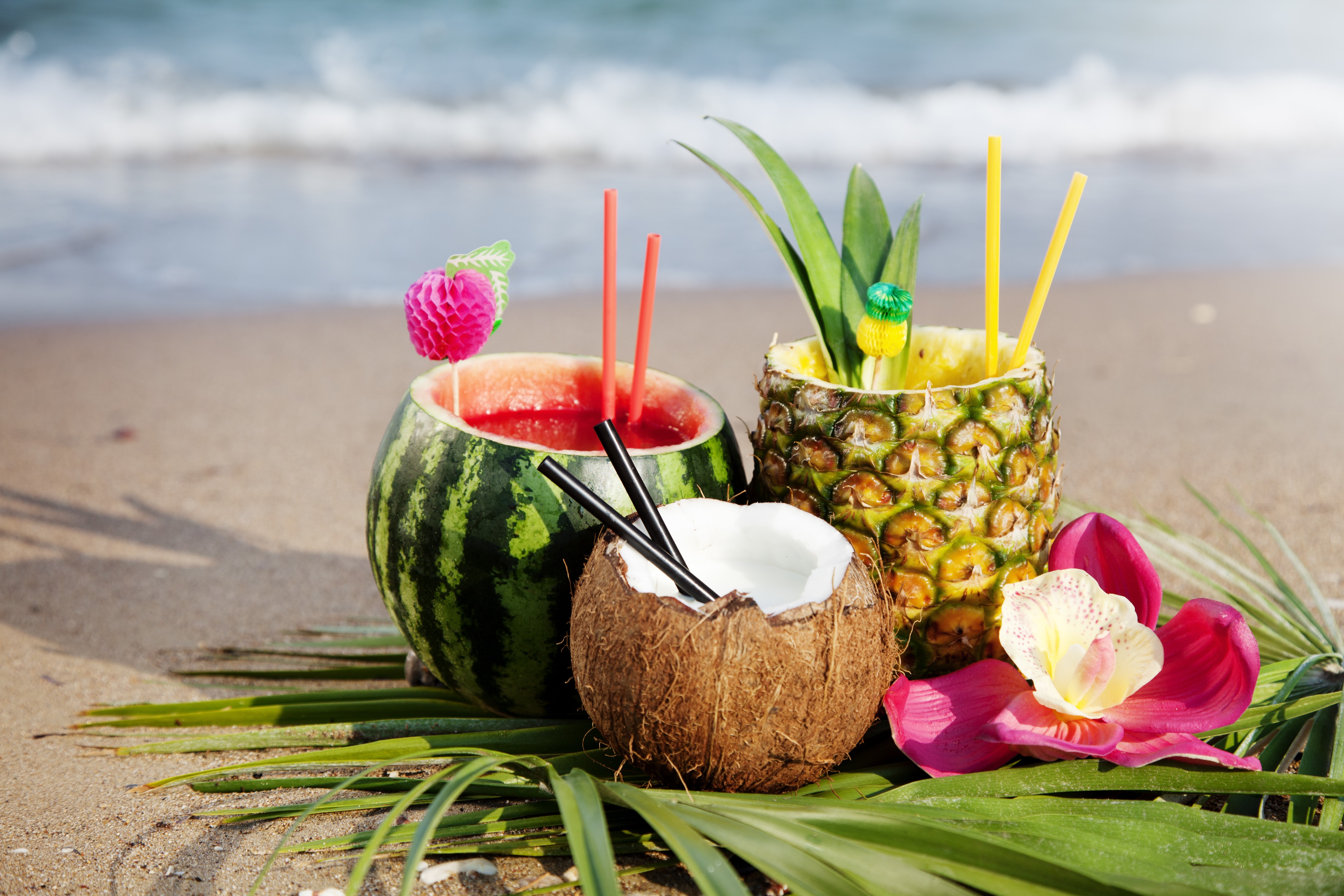 Tropical Drinks on a Beach: Watermelon, Pineapple, Coconut HD Wallpaper