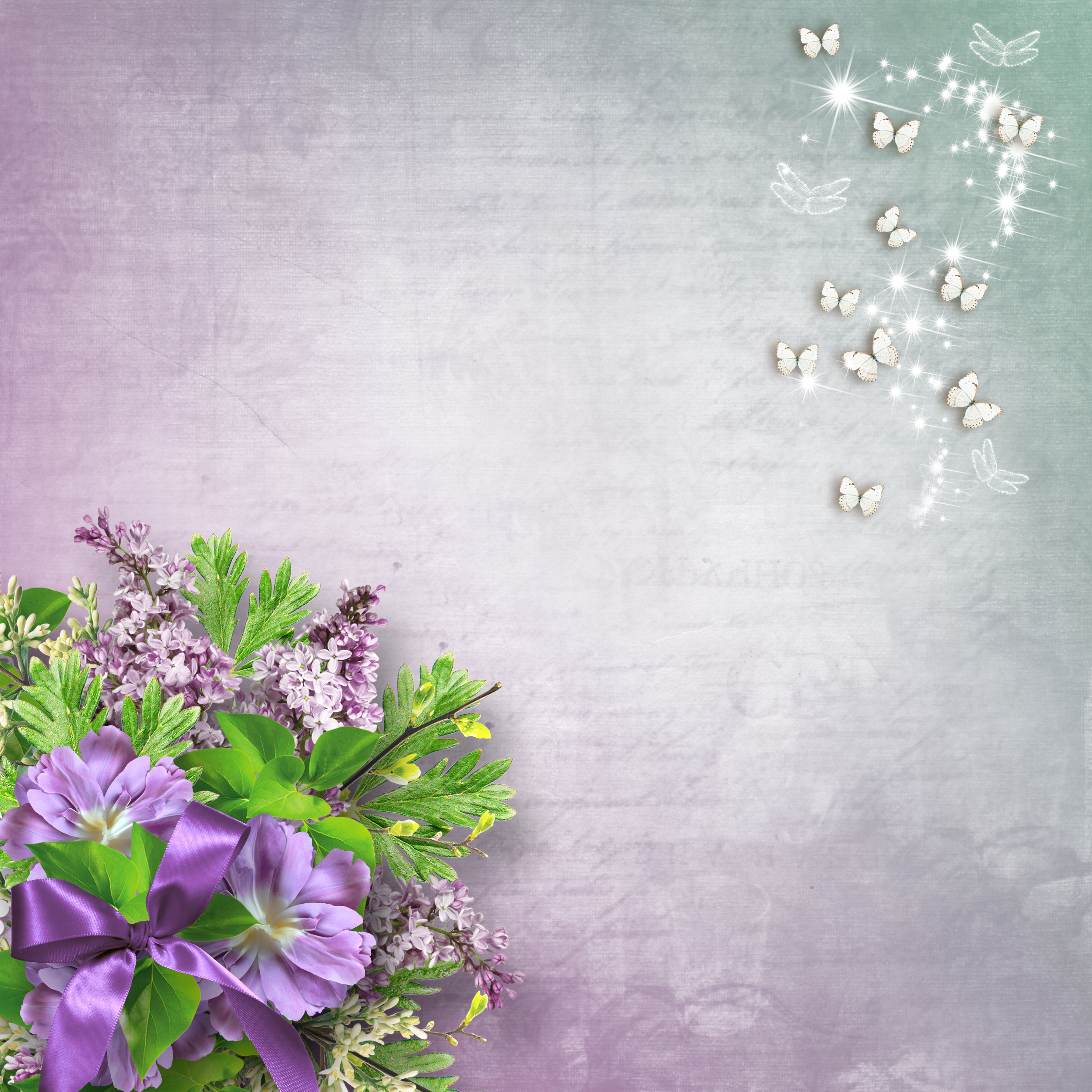 Lilac and Primula flowers with butterflies on a textured background HD Wallpaper