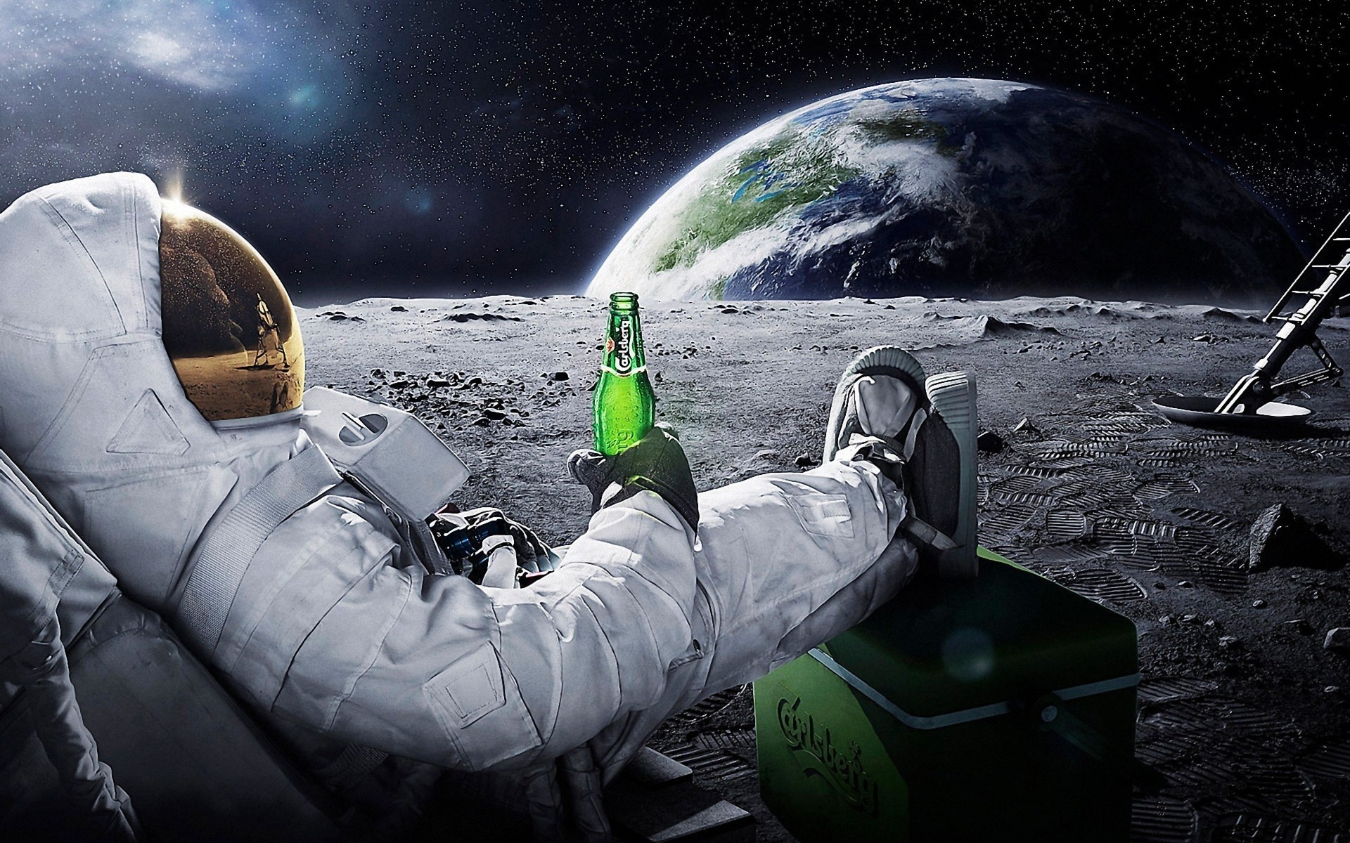 Astronaut drinking Carlsberg beer on the Moon with Earth in background HD Wallpaper