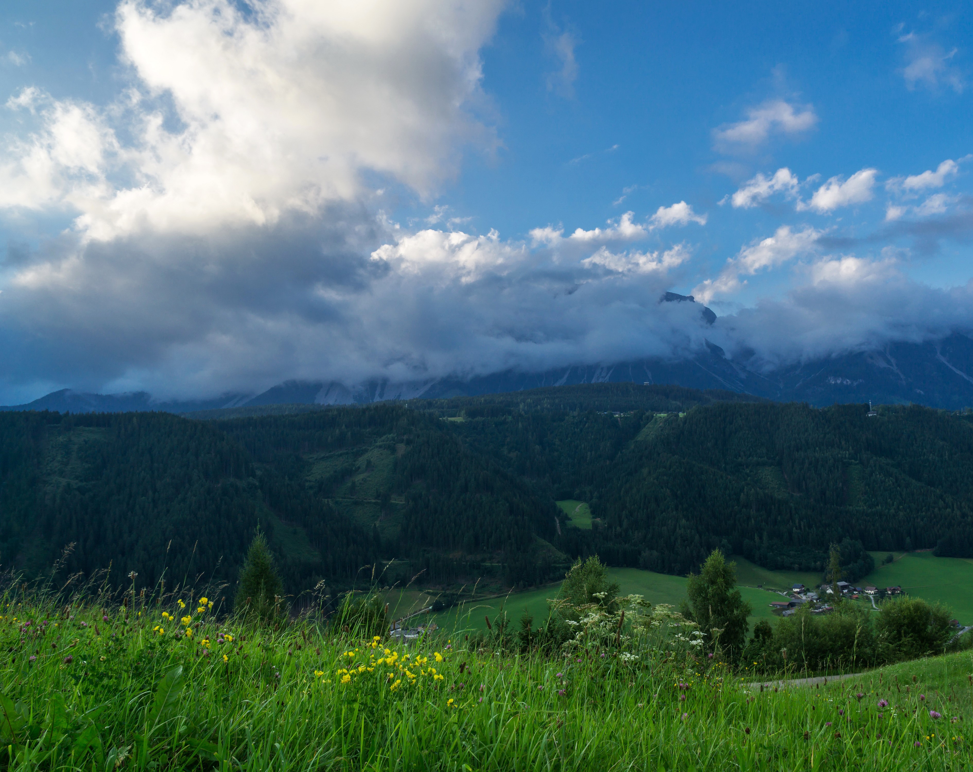 Mountain landscape with clouds and green hills HD Wallpaper