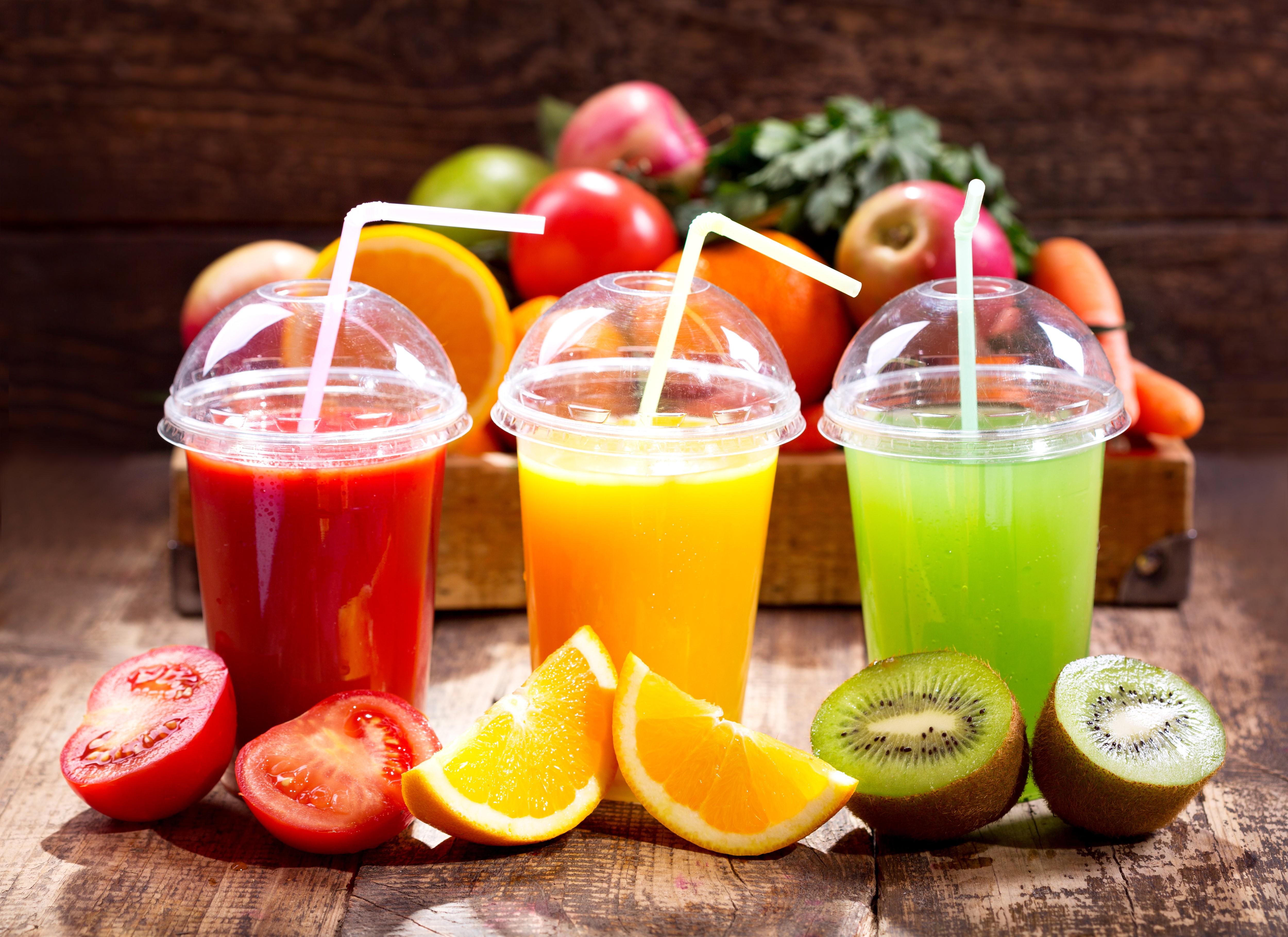 Three juices with fruits and vegetables HD Wallpaper