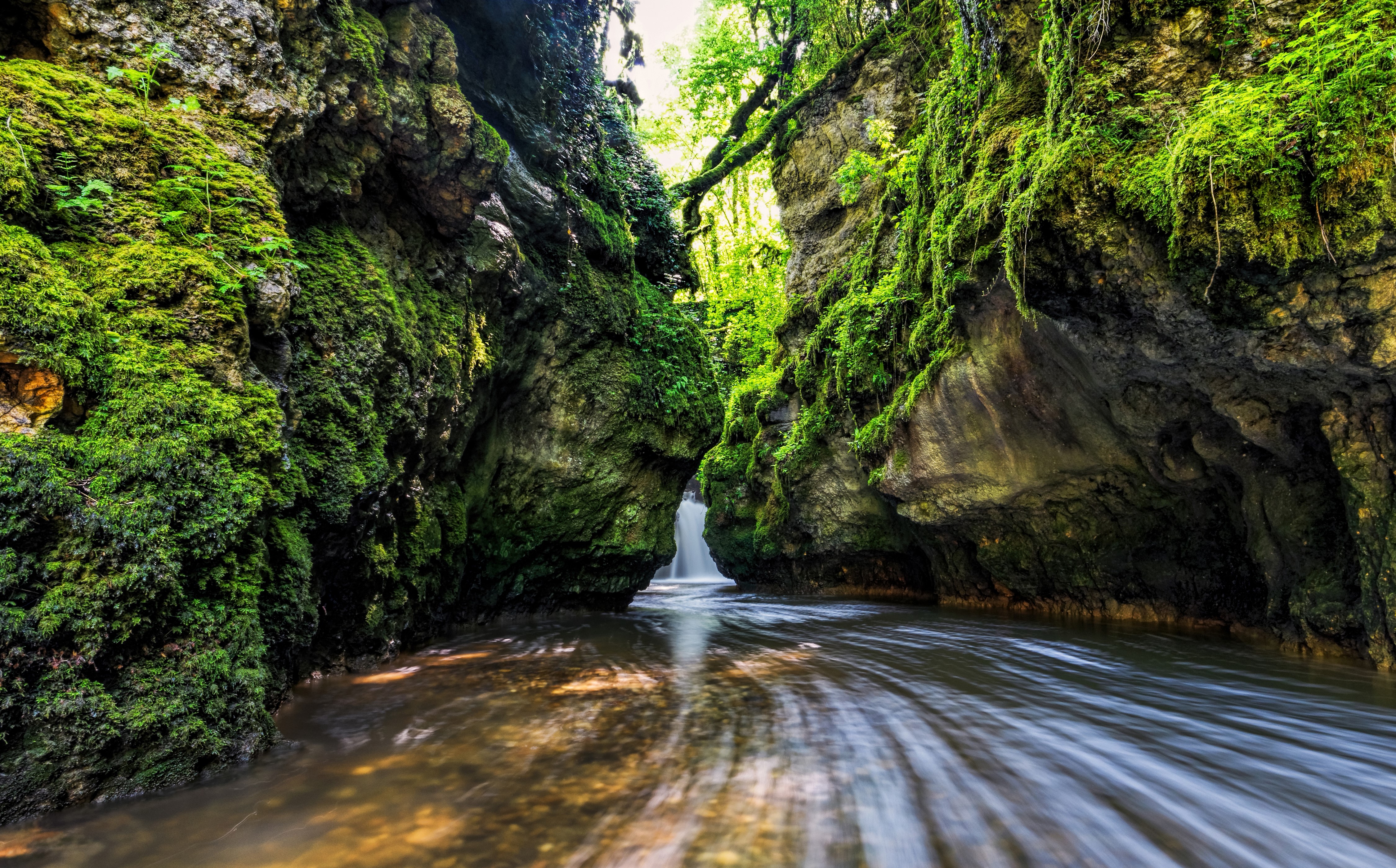 Mossy Crags and Waterfall in a Gorge HD Wallpaper