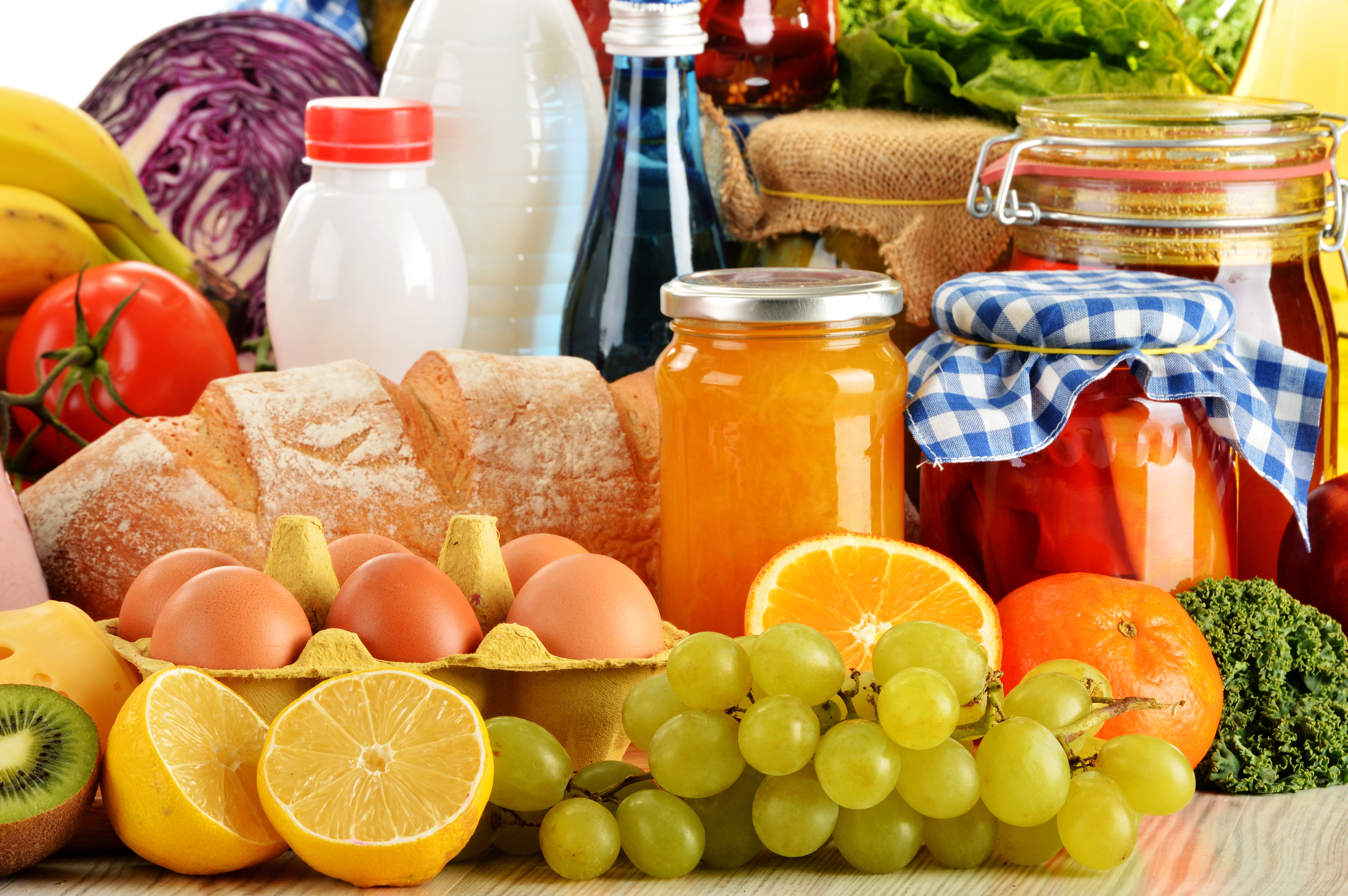 Still-life of Grapes, Citrus, Bread, Jars, and Eggs HD Wallpaper