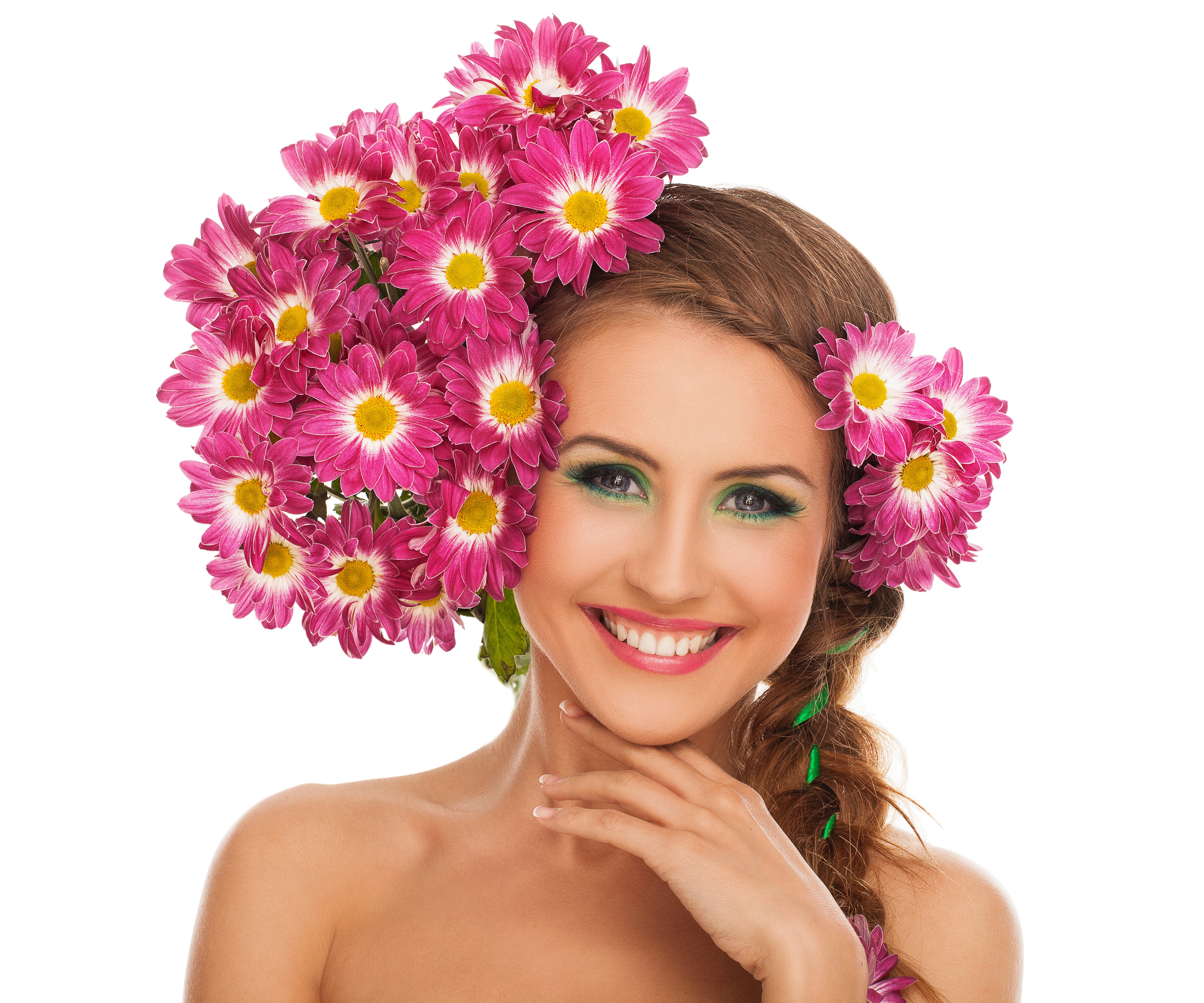 Woman with Chrysanthemums in her hair and makeup HD Wallpaper