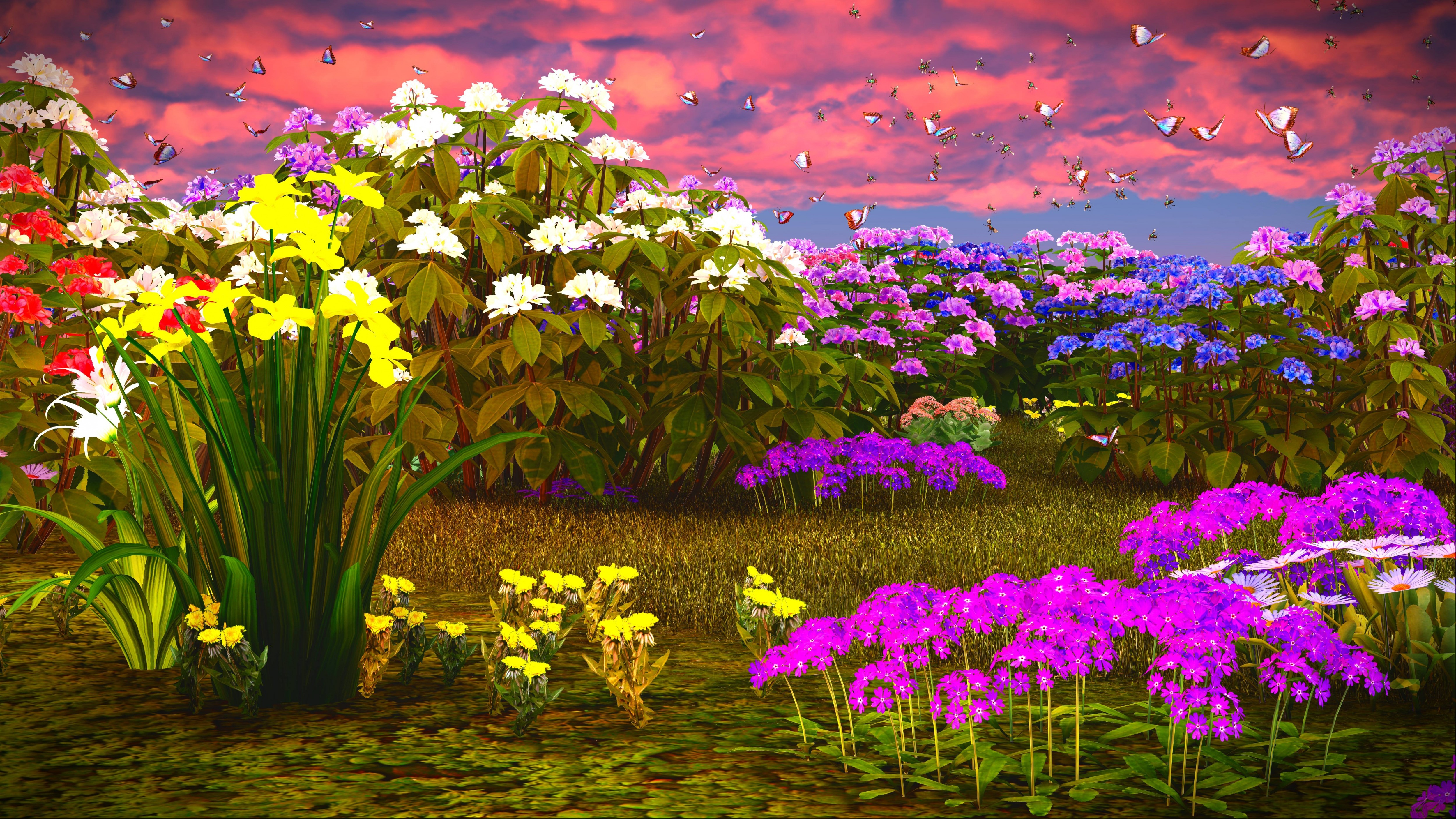 4K Garden with Phlox, Daffodils, and Butterflies HD Wallpaper