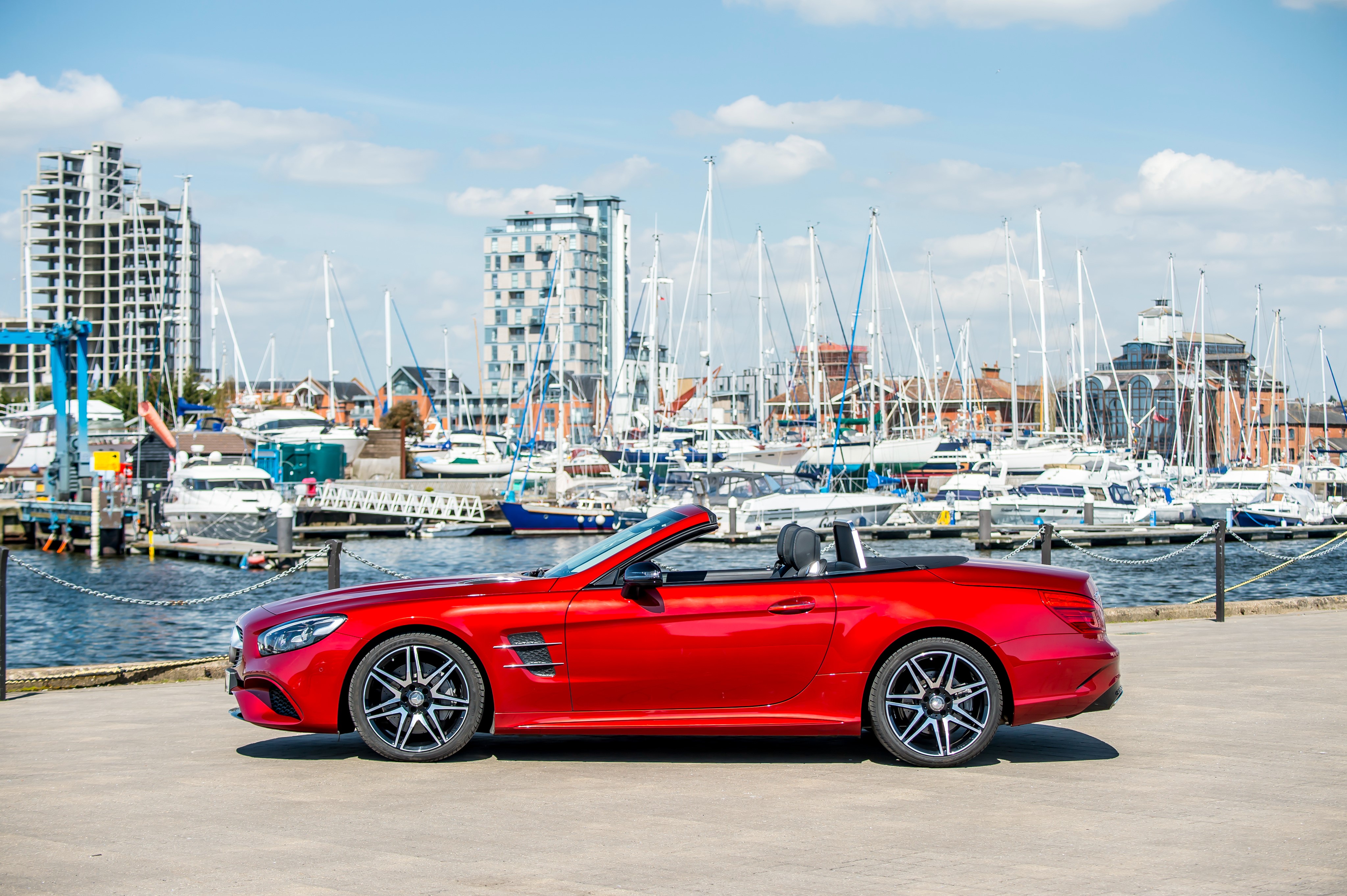 Red Mercedes-Benz SL 500 Cabriolet in Marina HD Wallpaper