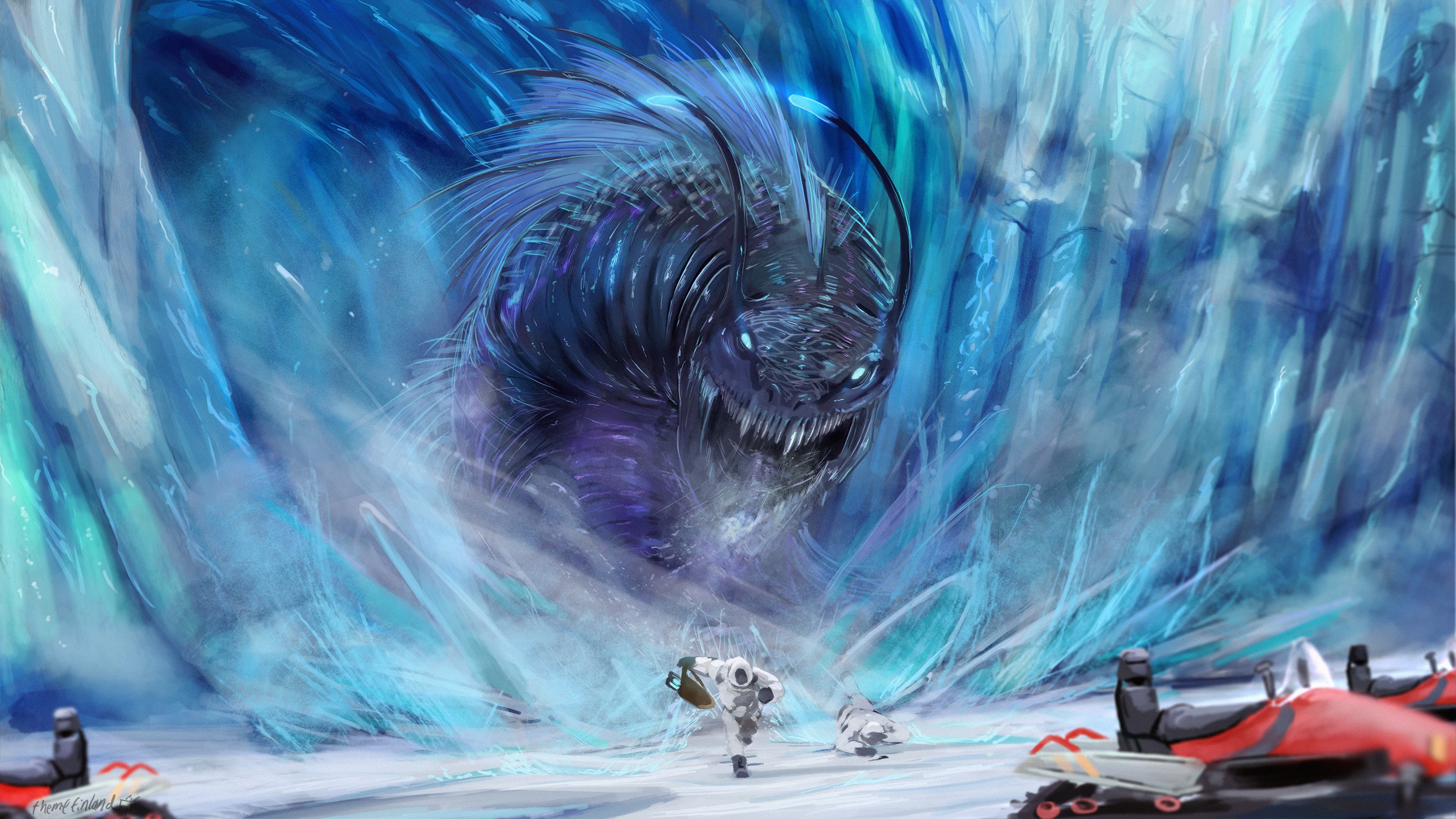 Monster emerging from ice with people and vehicles HD Wallpaper