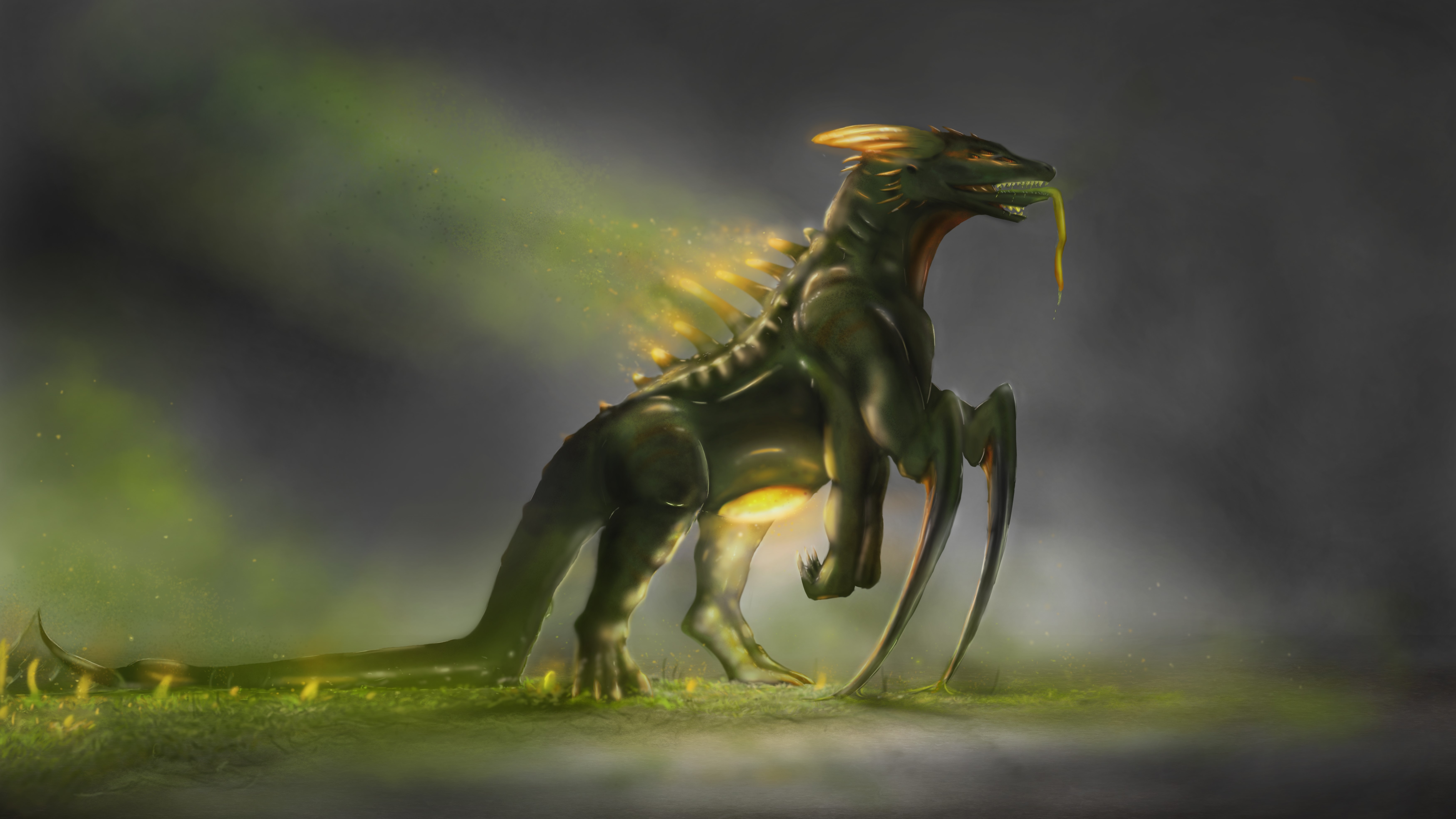 Green monster with glowing spikes in misty environment HD Wallpaper