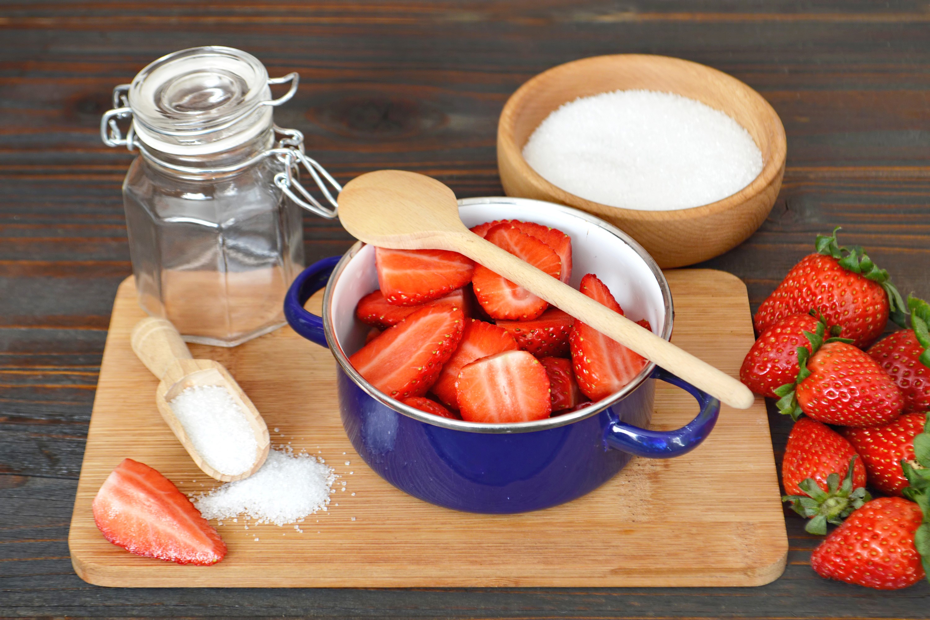 Strawberries, Sugar, and a Jar on a Wooden Table HD Wallpaper