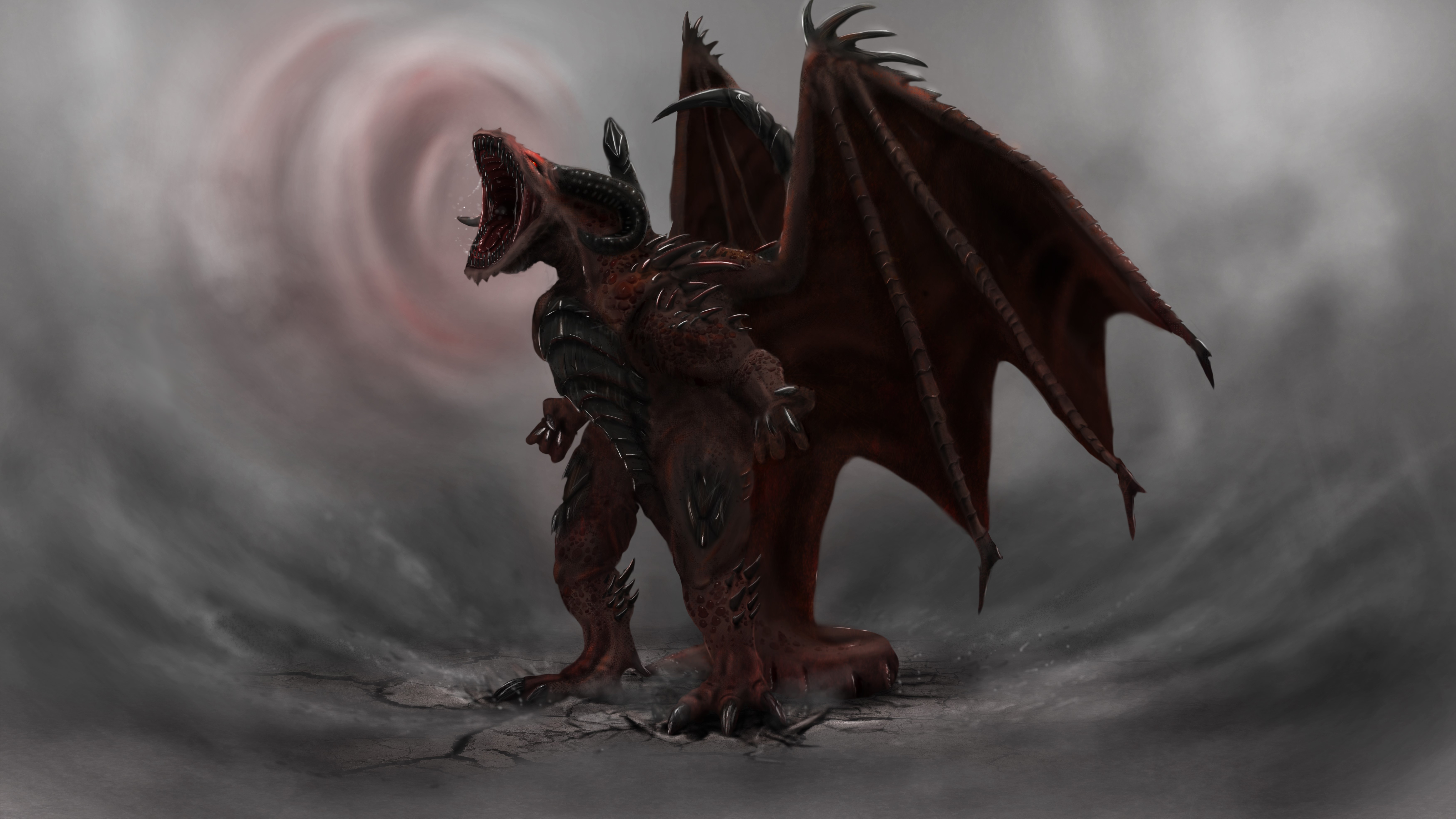 Red Dragon with Wings in Swirling Mist HD Wallpaper
