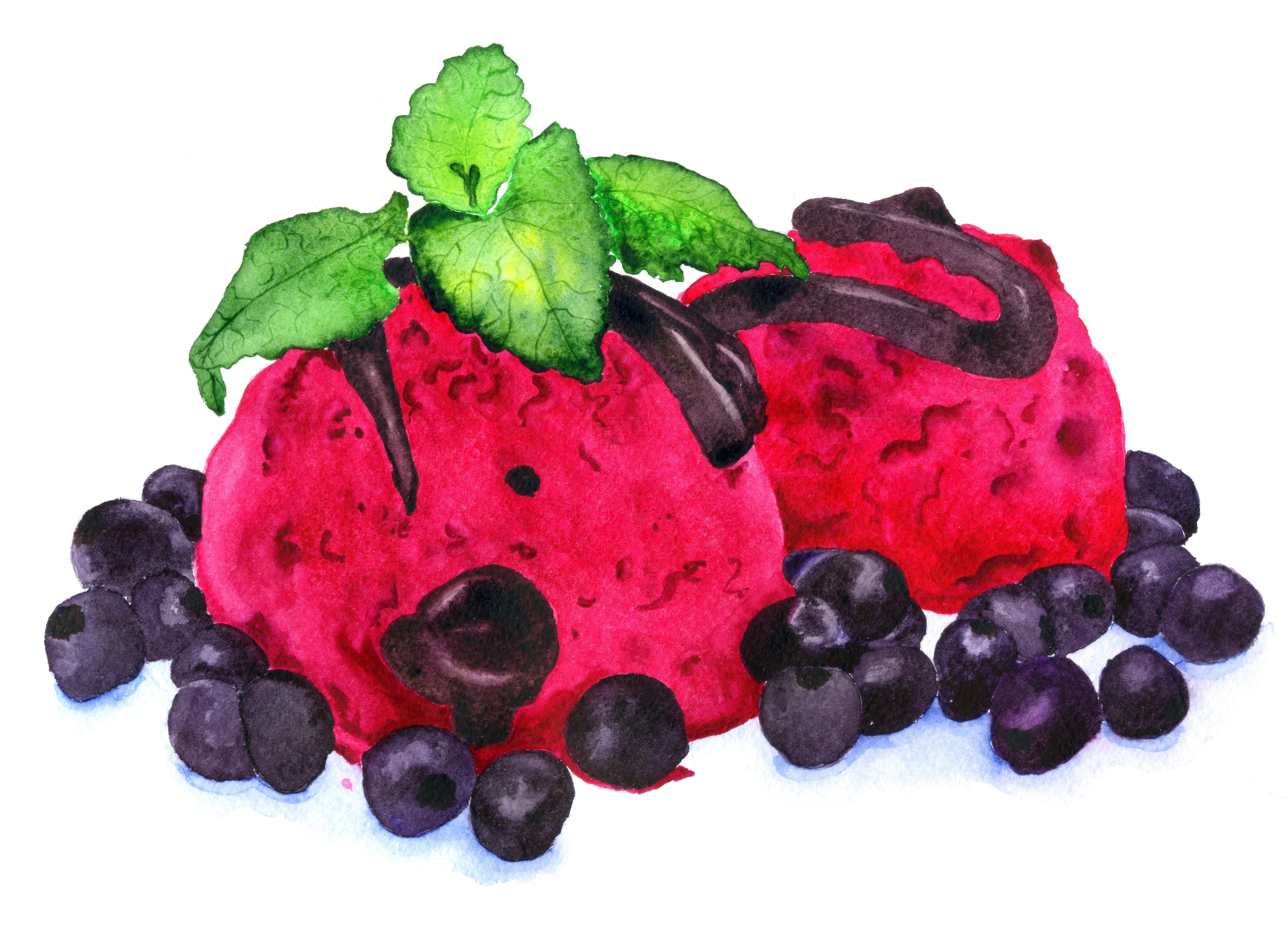 Two scoops of raspberry ice cream with blueberries and mint HD Wallpaper