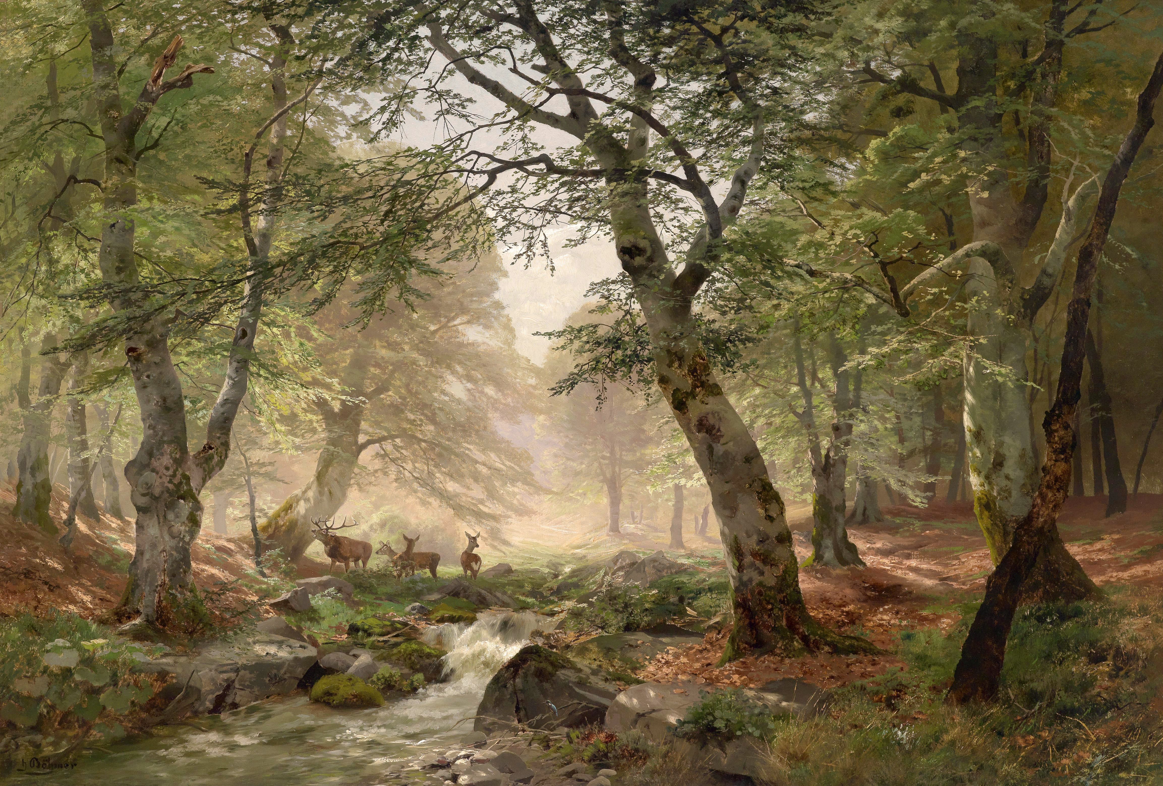 Deer in a forest stream painting HD Wallpaper