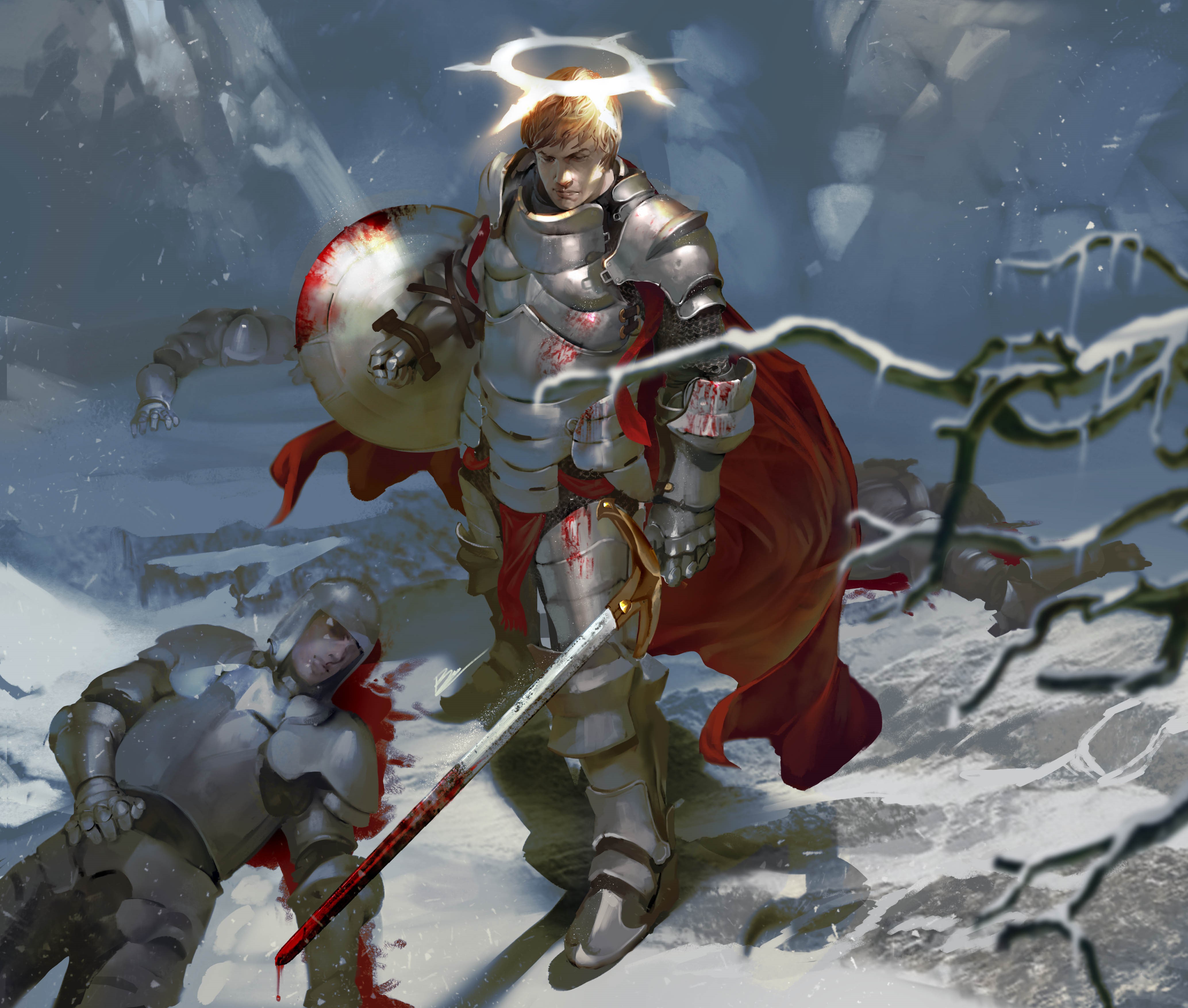 Warrior with Halo and Bloody Sword in Snow HD Wallpaper
