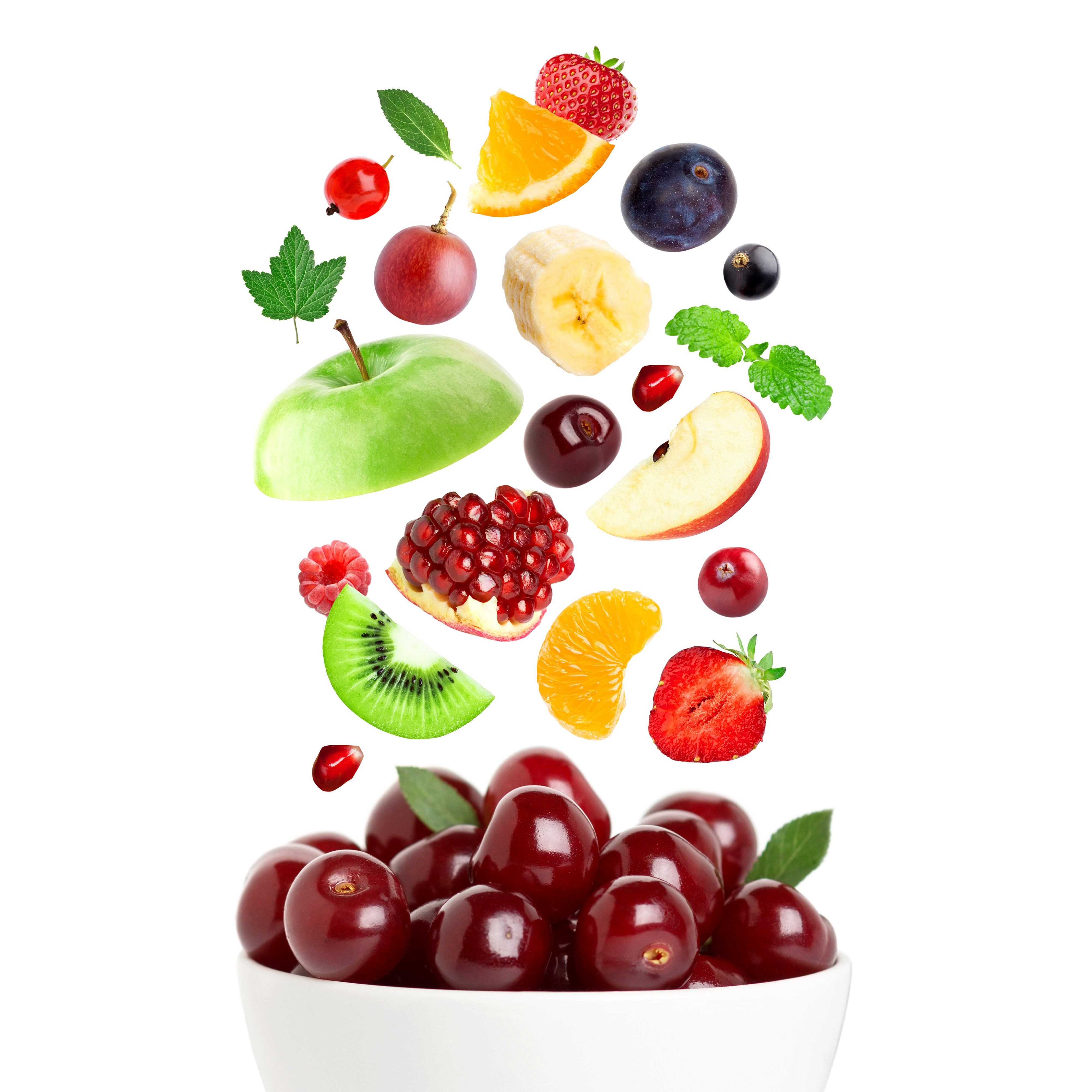 4K Fruit Assortment Falling into Bowl HD Wallpaper