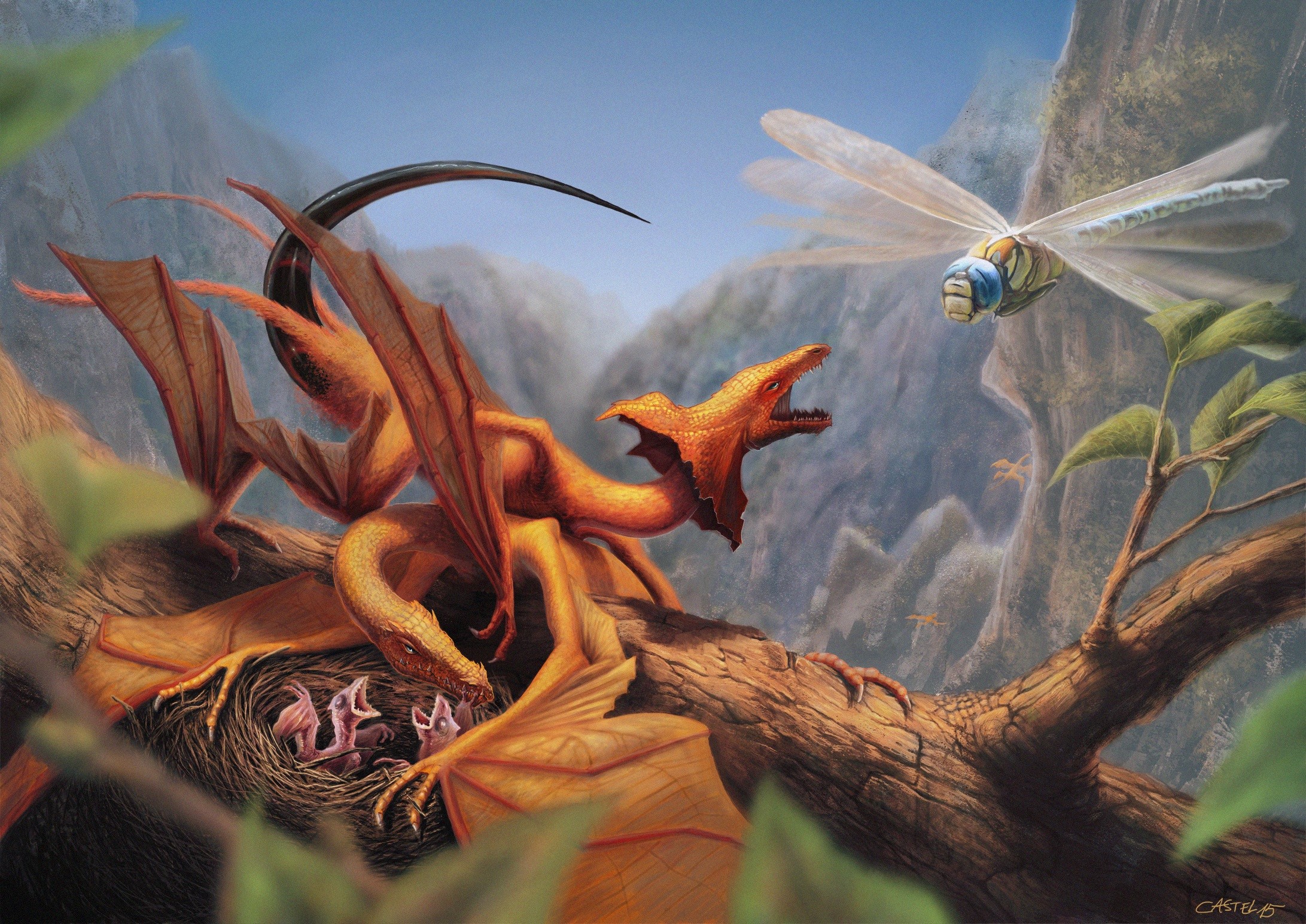 Dragons and Dragonfly in a Nest on a Tree Branch HD Wallpaper
