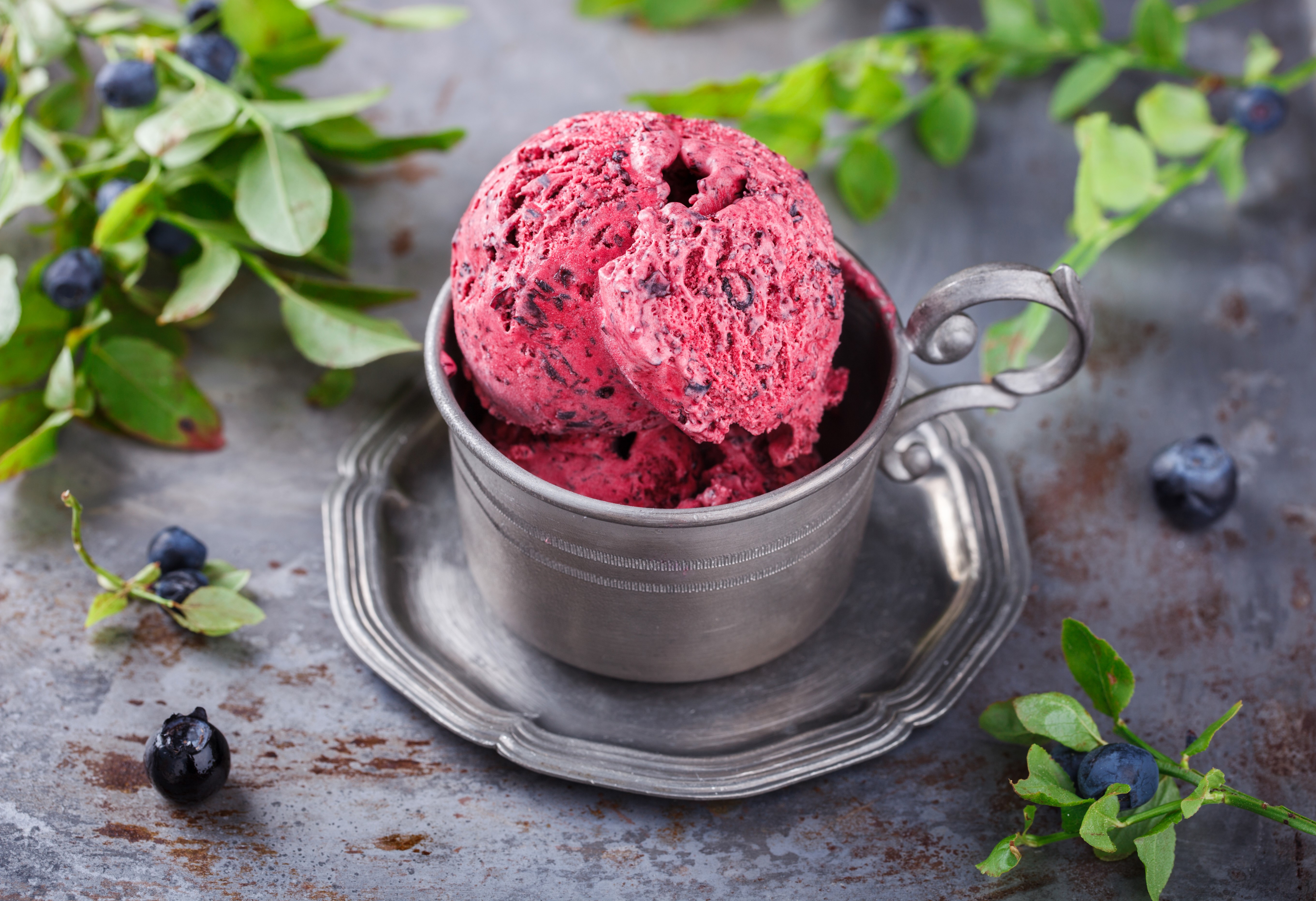 Blueberry ice cream in a metal cup HD Wallpaper