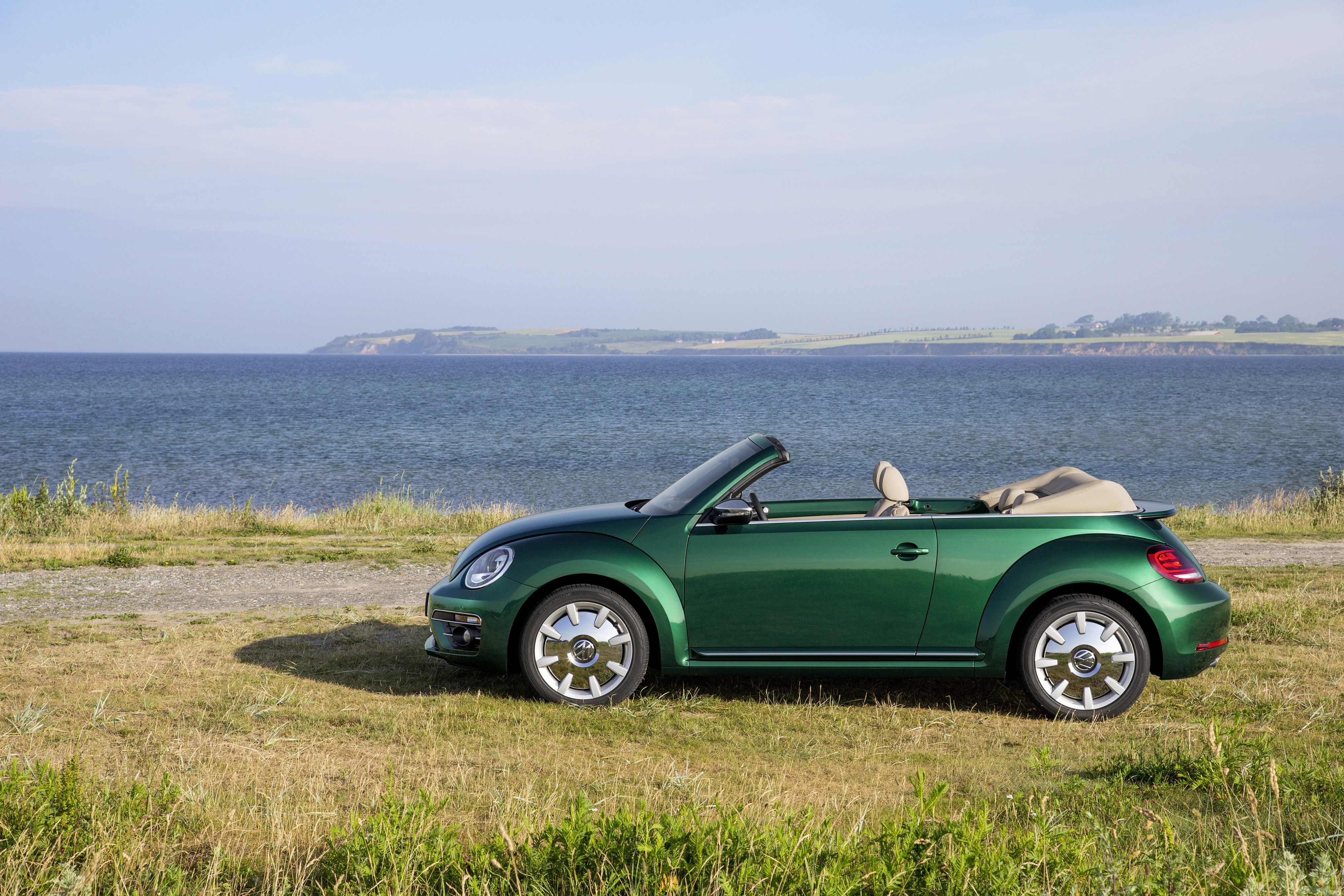 Green 2016 Volkswagen Beetle Cabriolet by the Sea HD Wallpaper