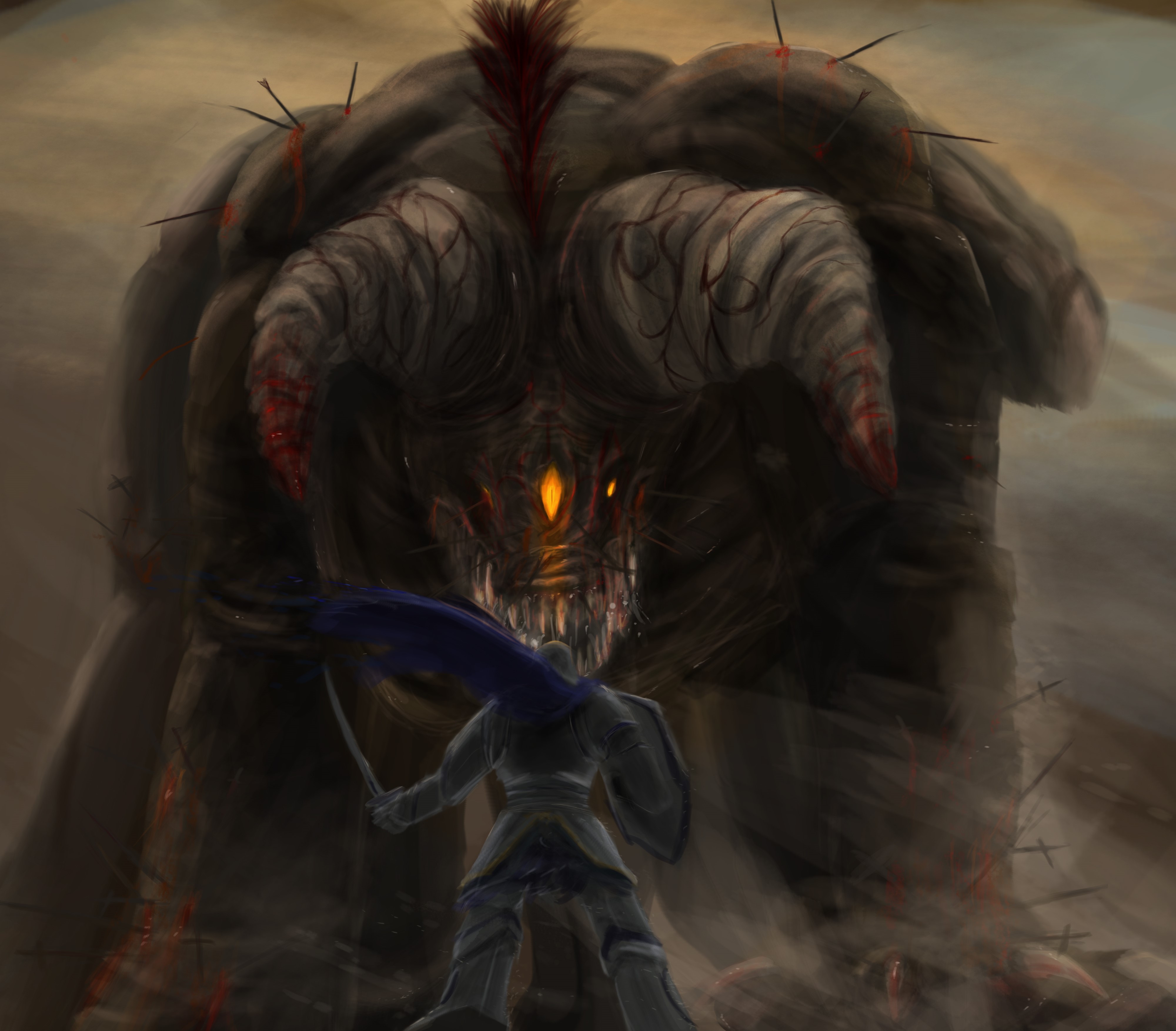 Monster and Warrior in a Desert HD Wallpaper