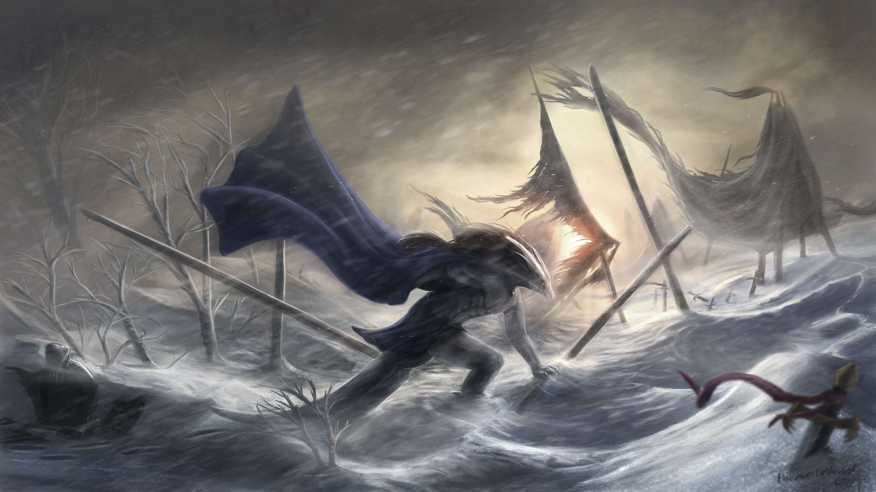 Warriors in a snowstorm with tattered flags HD Wallpaper