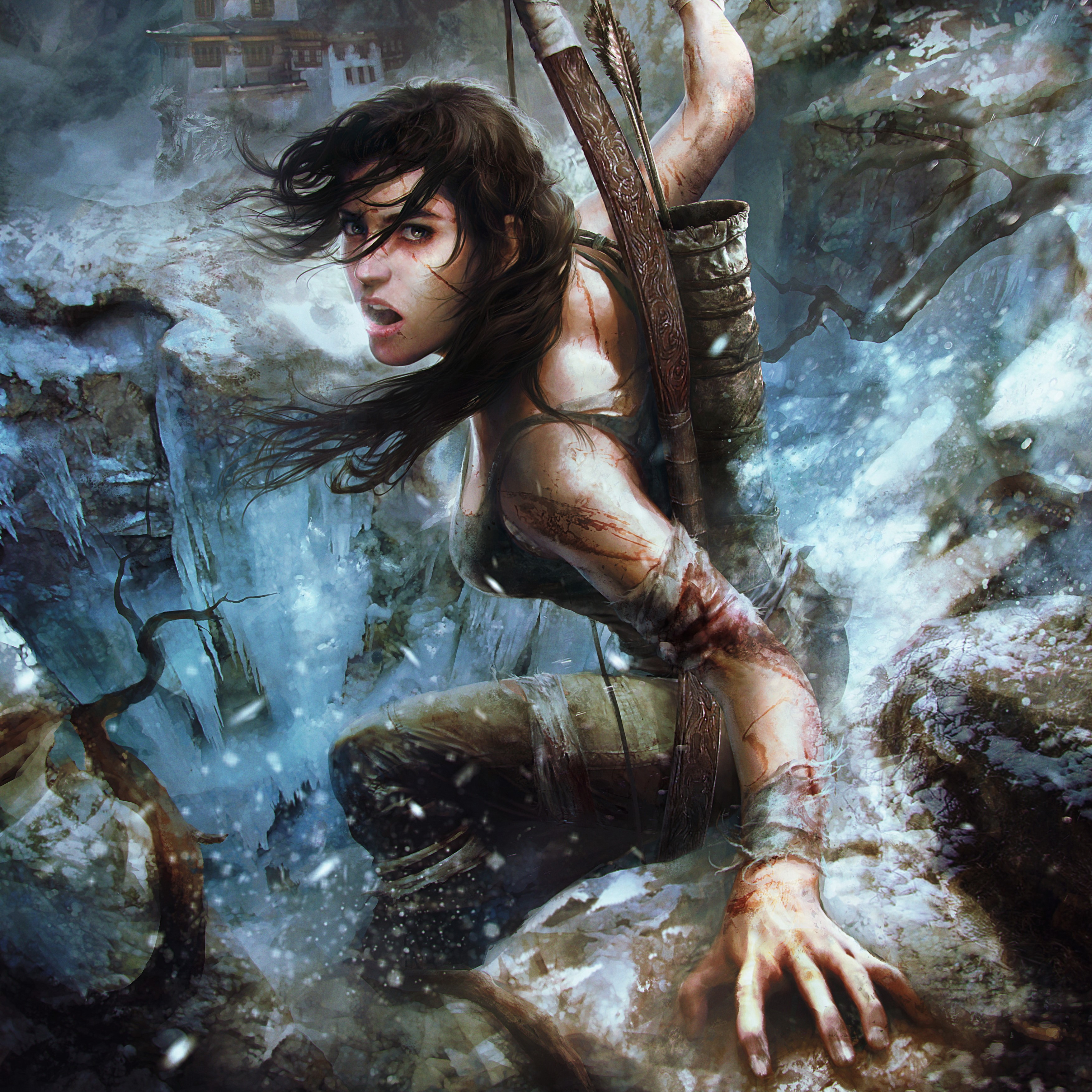 Lara Croft from Tomb Raider climbing in snow HD Wallpaper