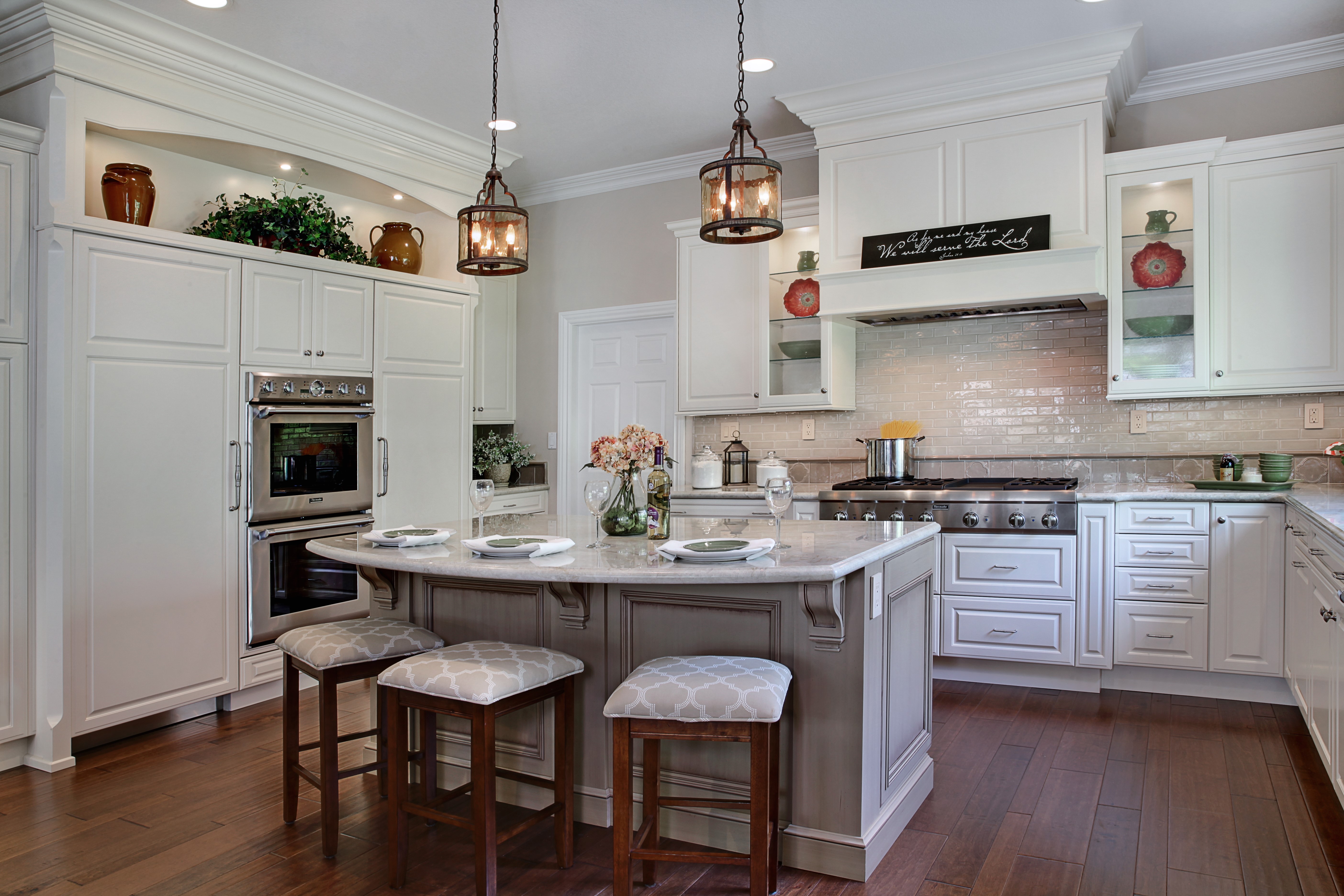 Kitchen with Island and Stools HD Wallpaper