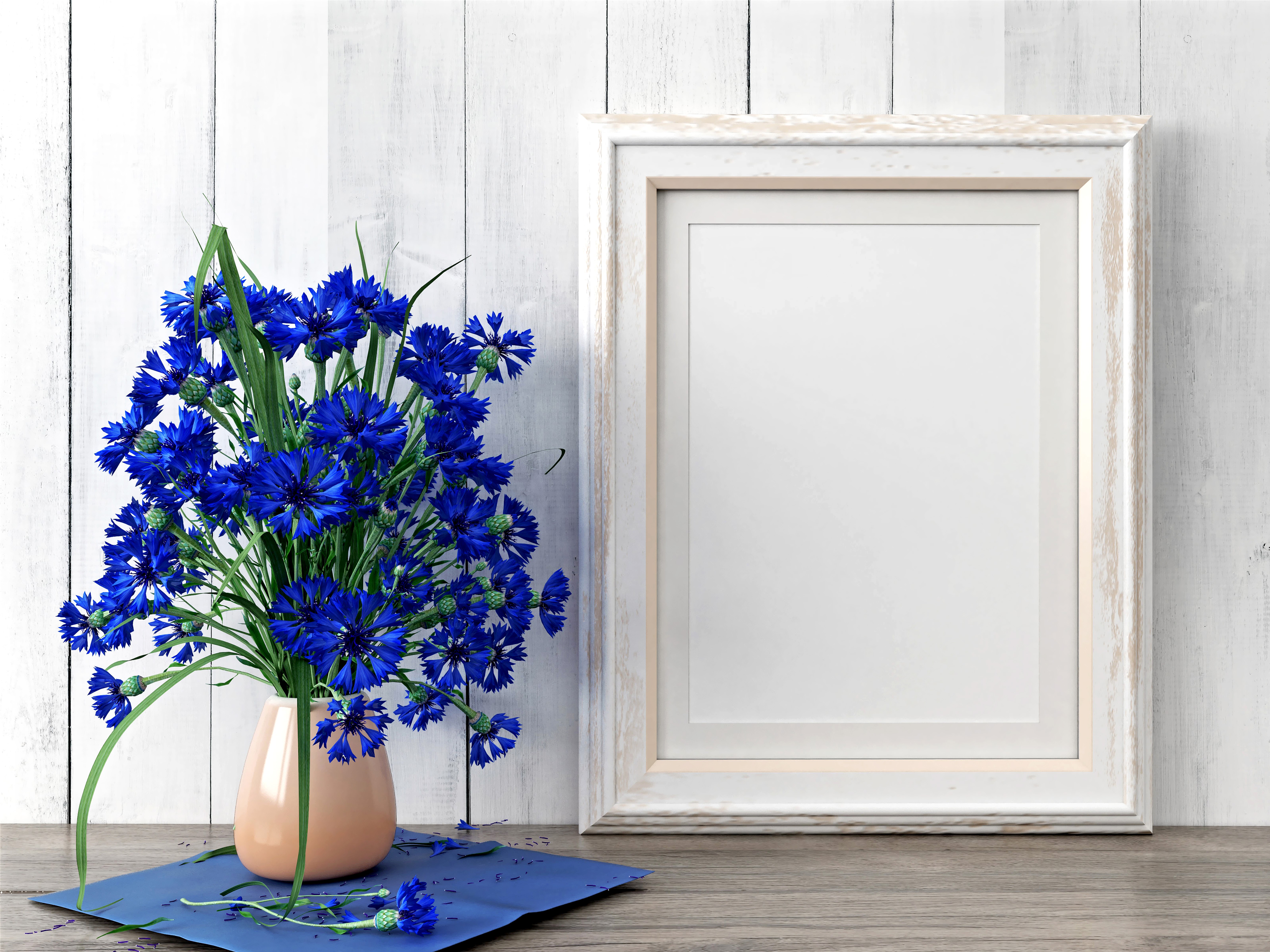Cornflowers in a vase next to a picture frame HD Wallpaper