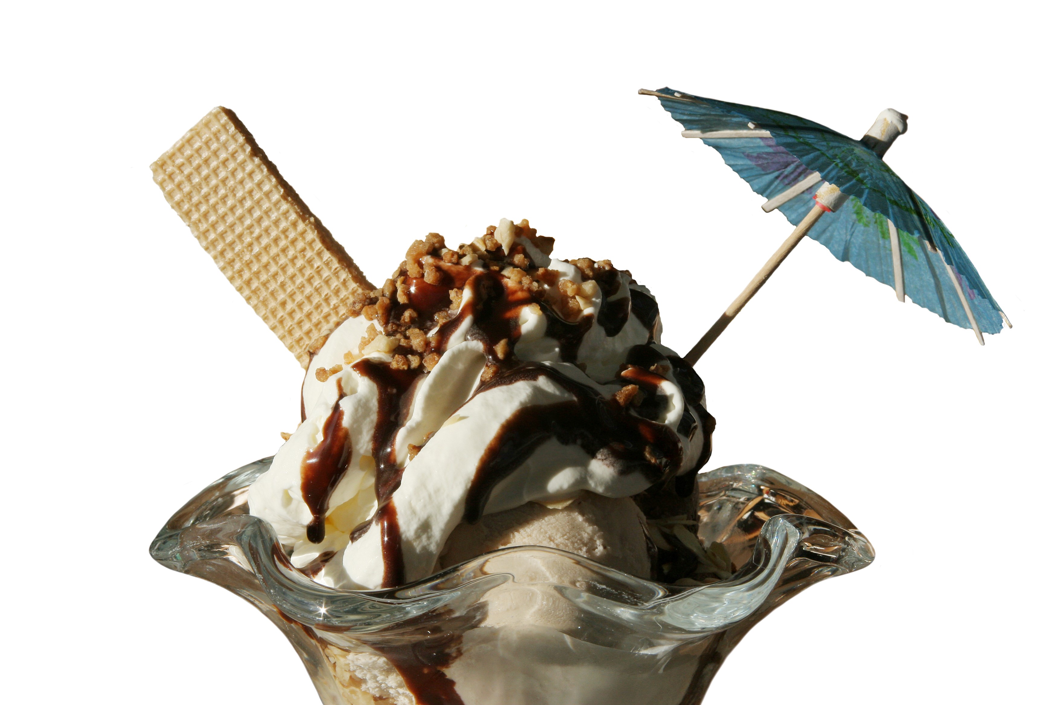 Ice cream sundae with wafer and umbrella HD Wallpaper