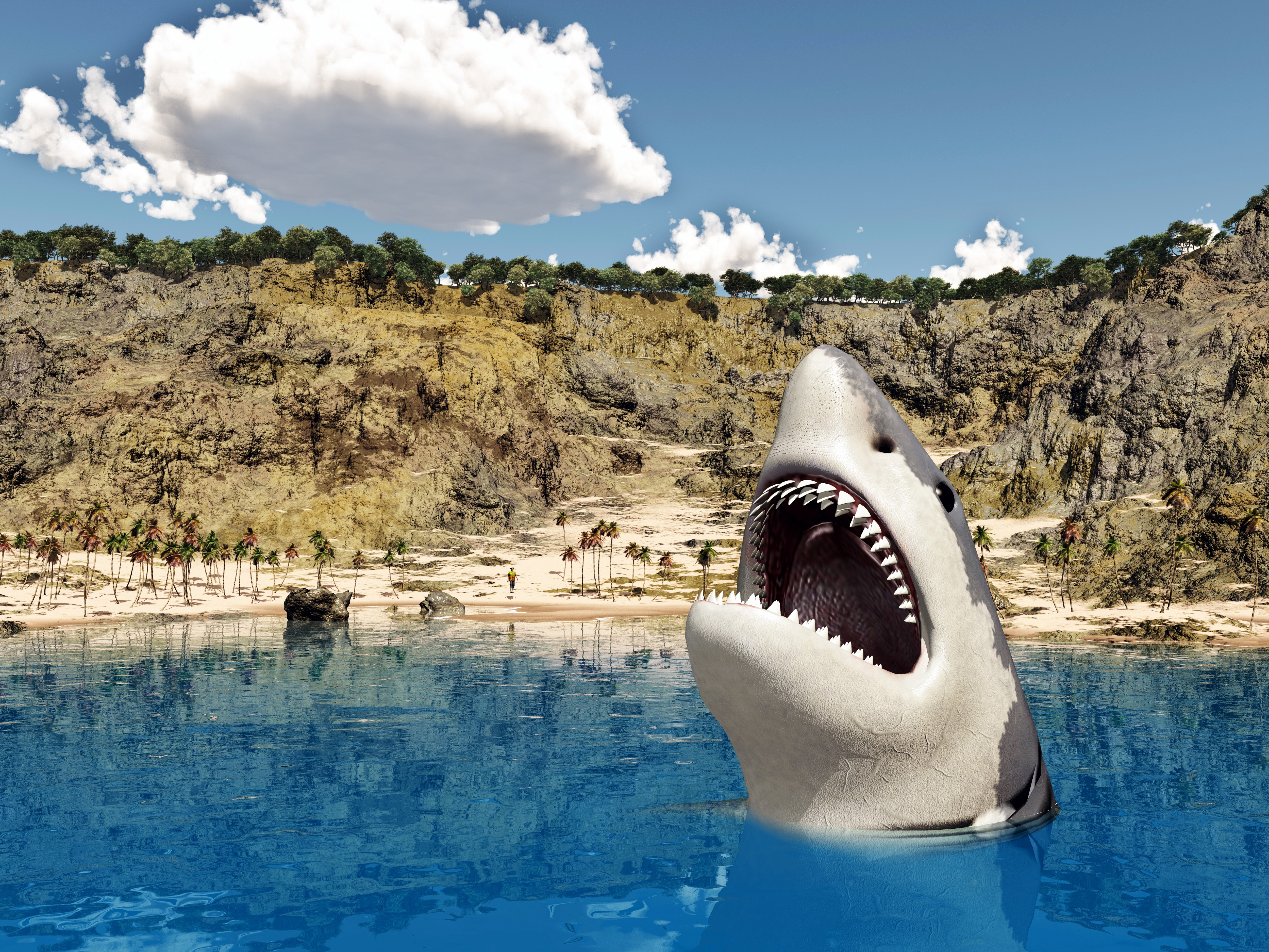 Great white shark emerging from the sea near a tropical island HD Wallpaper