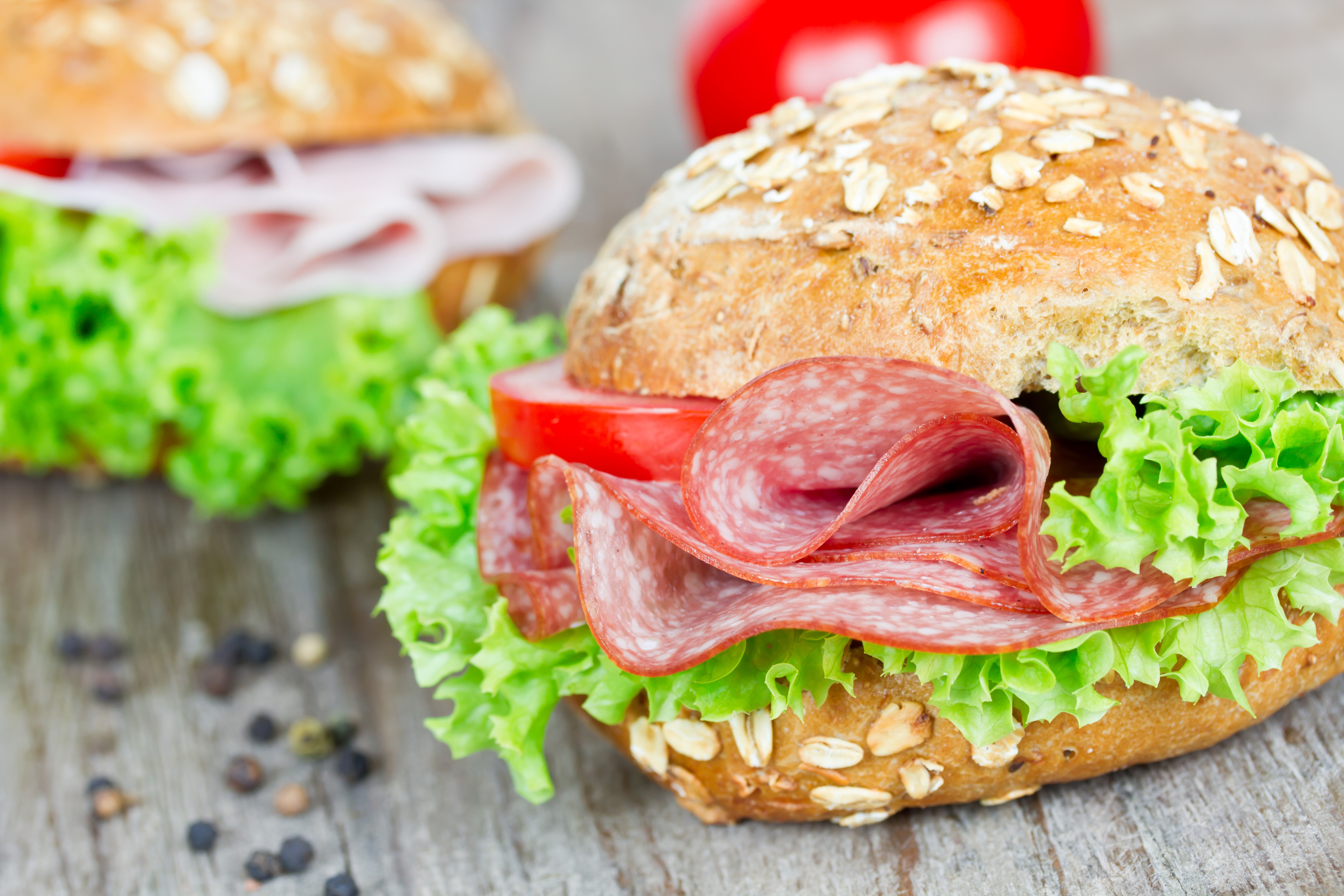 Sandwiches with salami and ham on buns HD Wallpaper