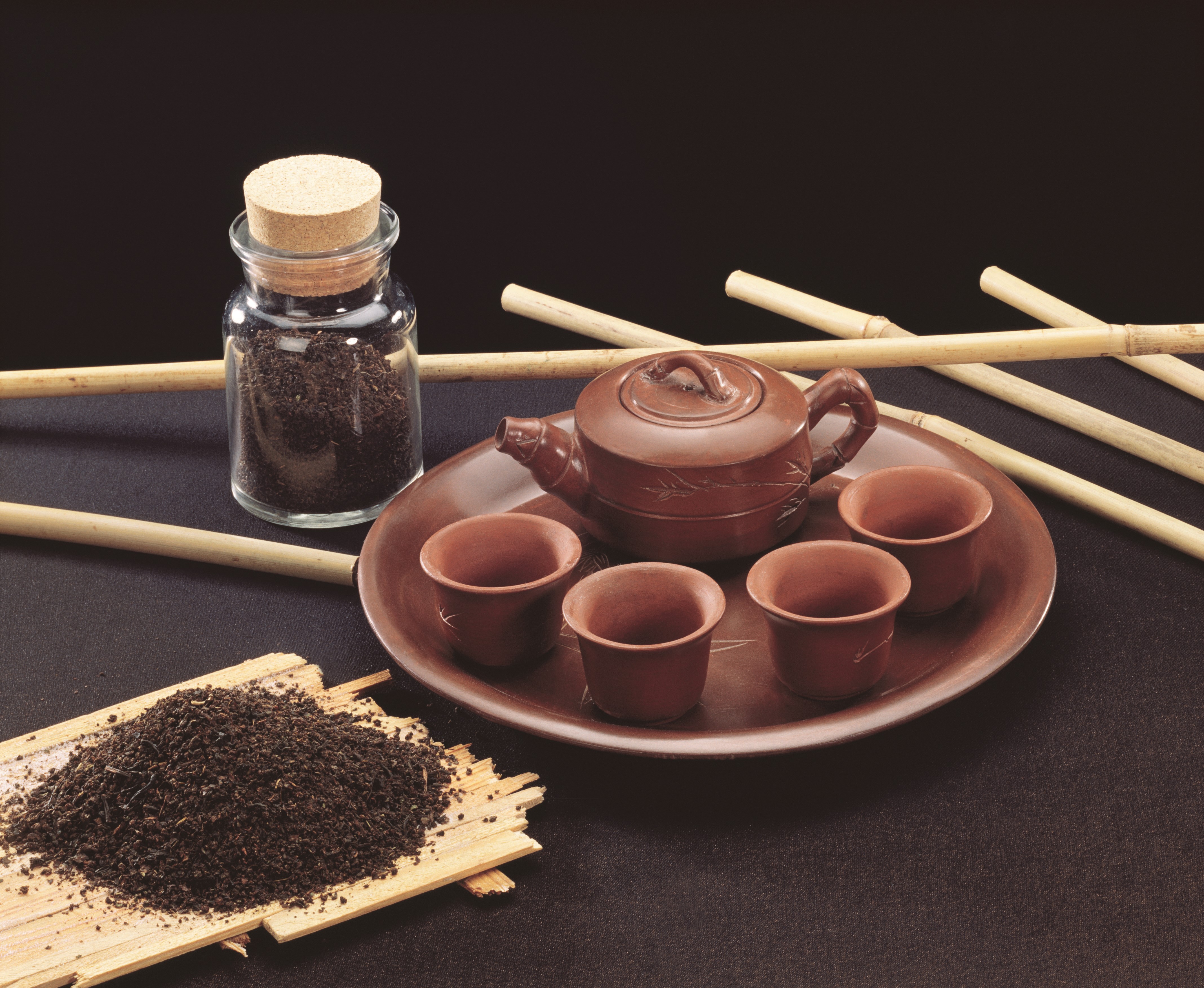 Tea set with teapot, cups, and loose tea HD Wallpaper