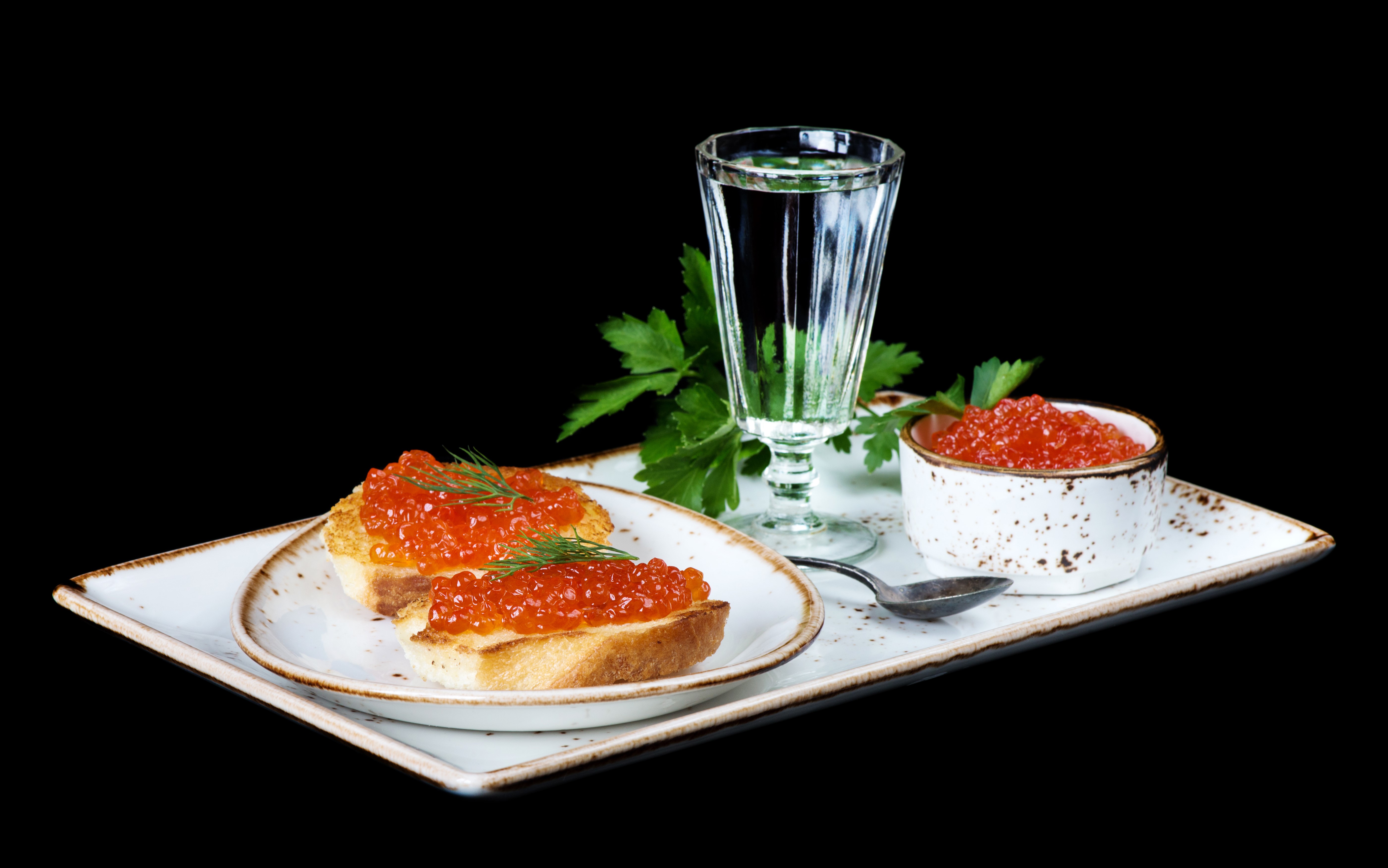 Vodka, Caviar, and Butterbrot on a Plate HD Wallpaper