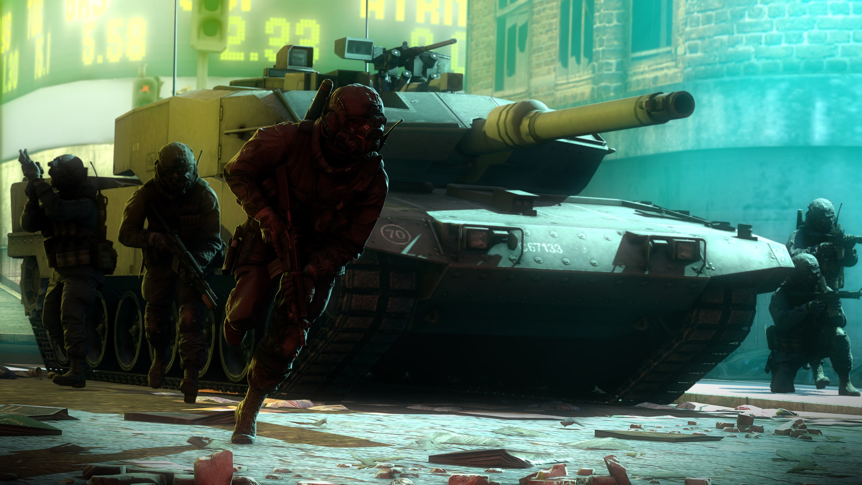 Soldiers and Leopard 2 tank in urban environment HD Wallpaper