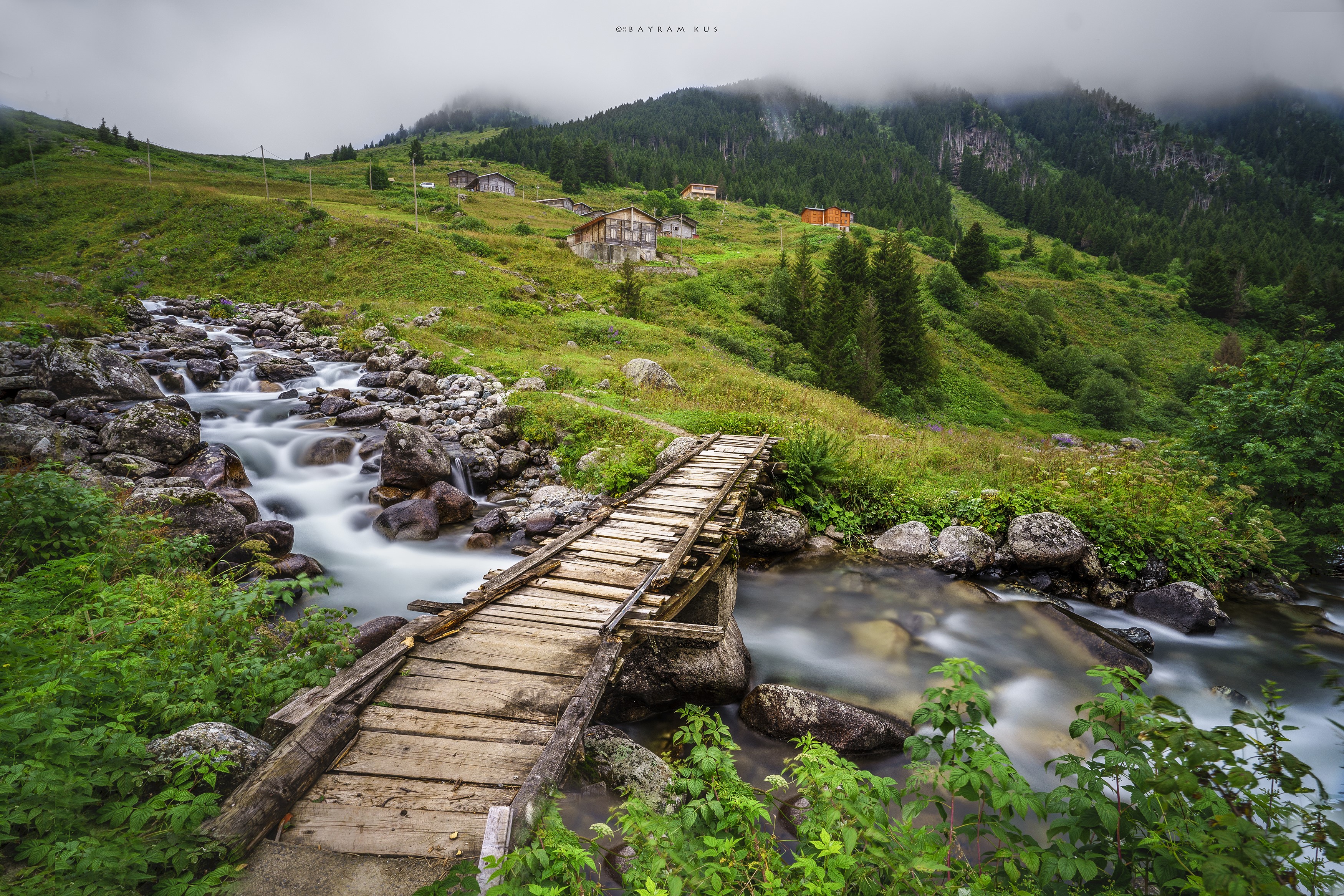 Wooden bridge over a stream in the mountains of Turkey HD Wallpaper