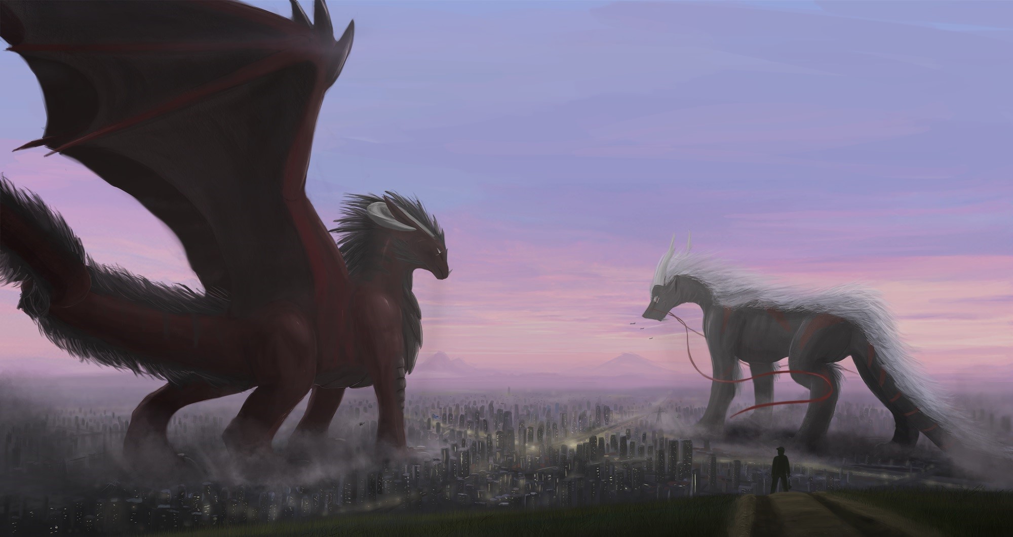 Two giant mythical creatures face each other over a city HD Wallpaper