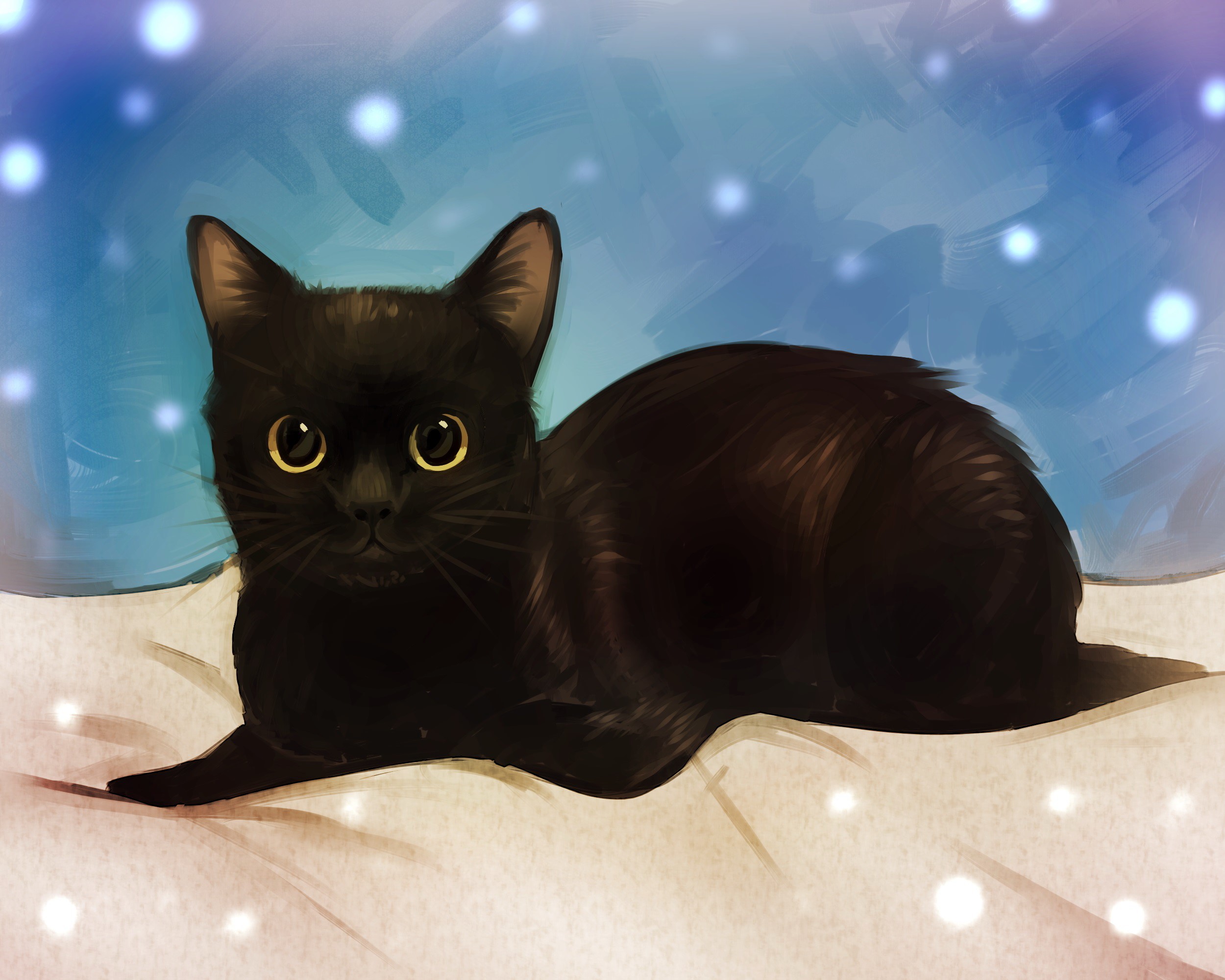 Black cat with yellow eyes on a white surface HD Wallpaper