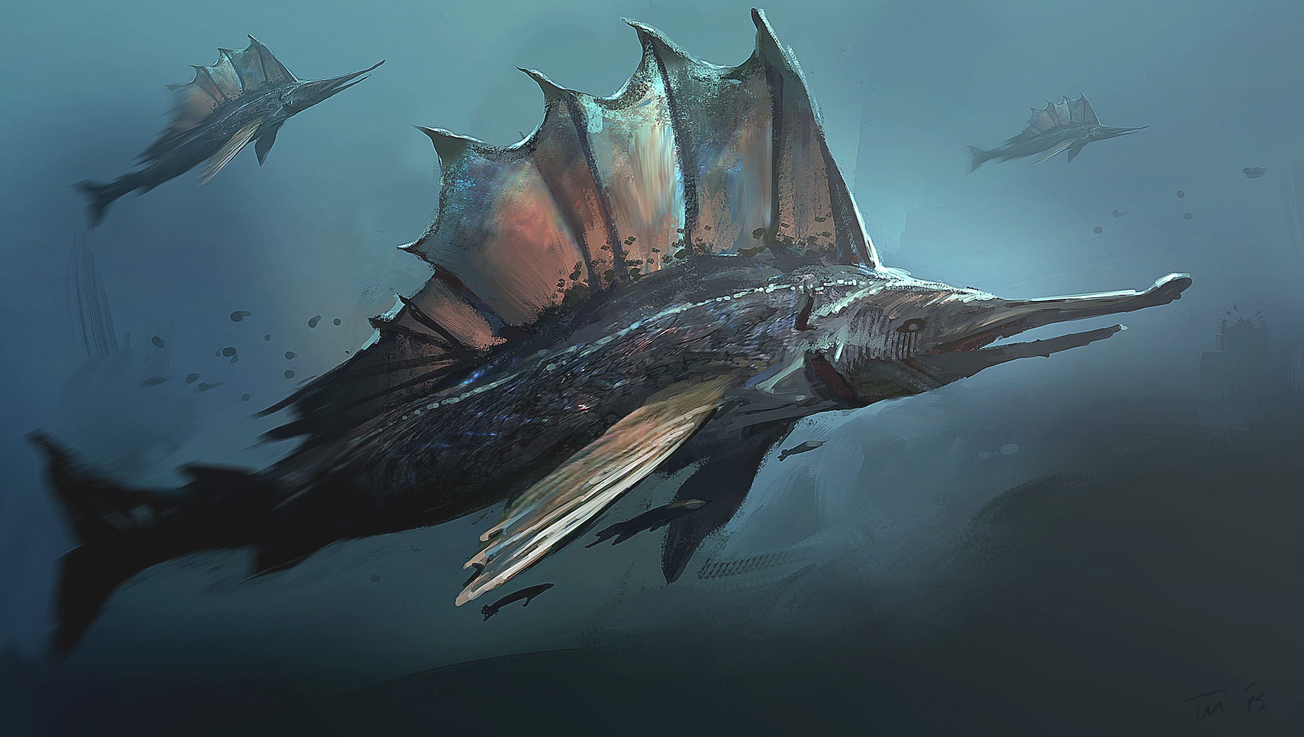 Underwater painting of sailfish swimming HD Wallpaper